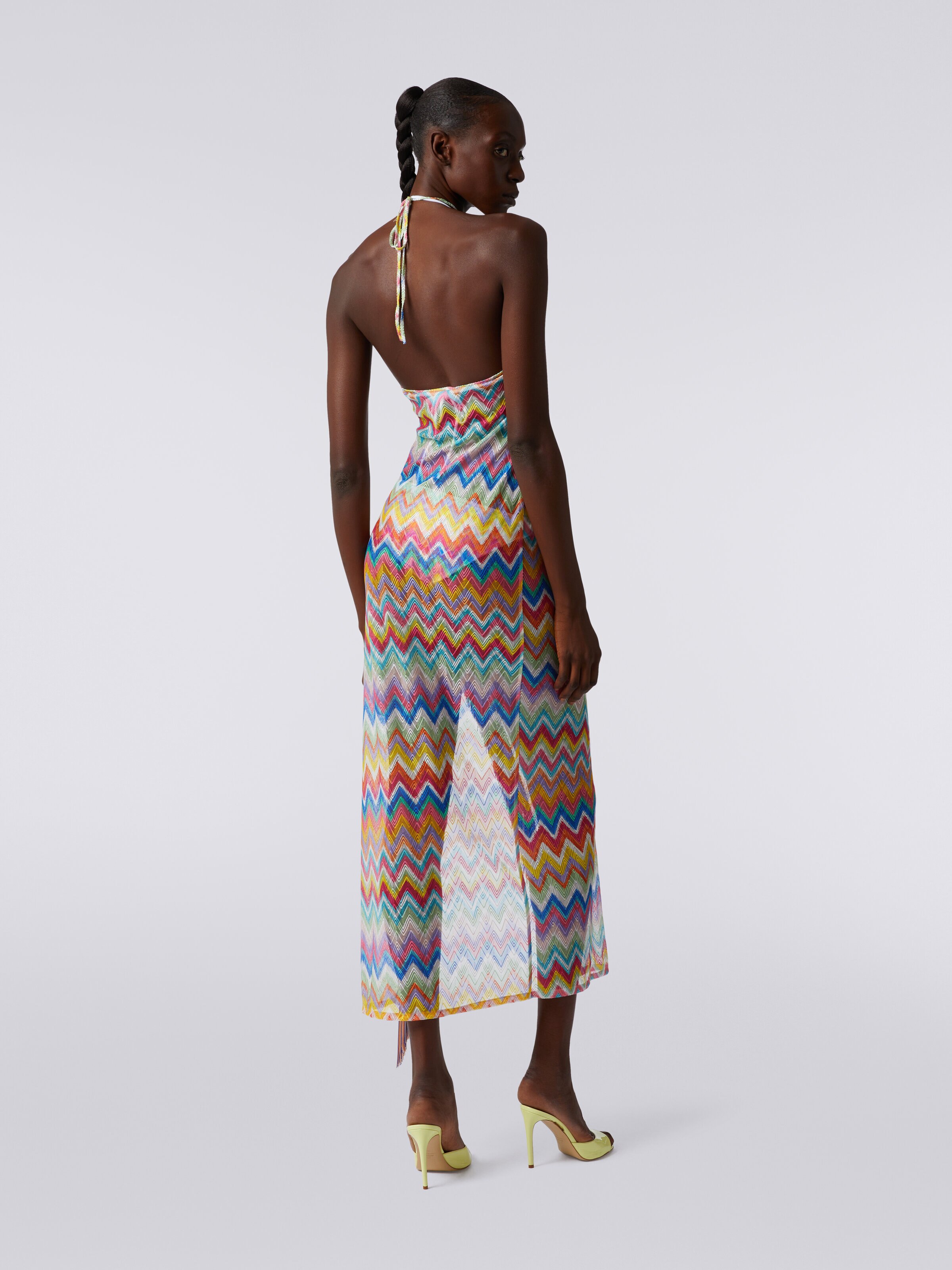Long cover-up dress with zigzag print and fringes, Multicoloured  - 3