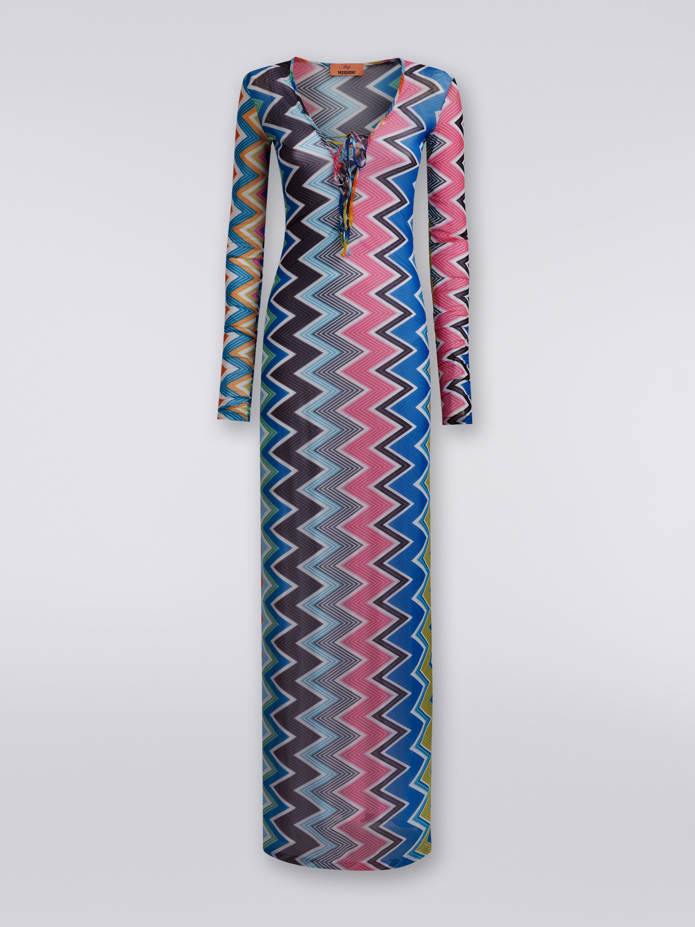 Long cover-up dress in zigzag print tulle, Multicoloured  - 0