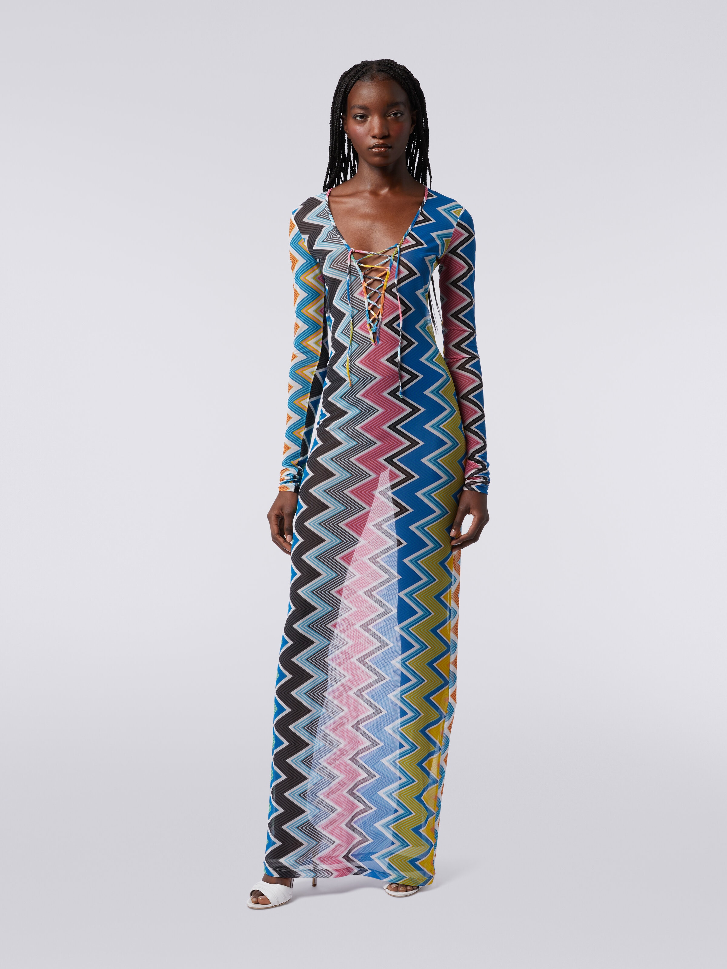 Long cover-up dress in zigzag print tulle, Multicoloured  - 1