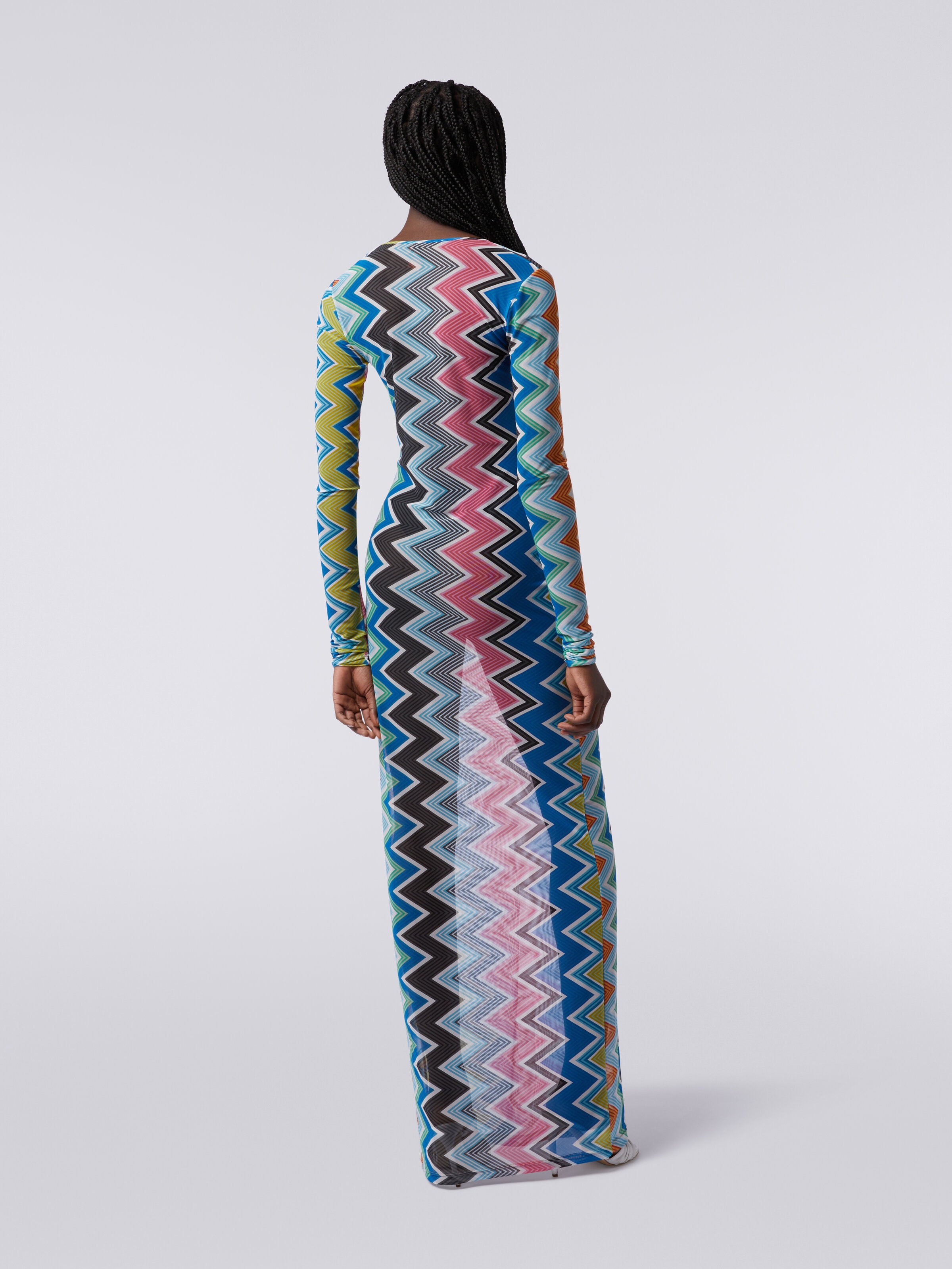 Long cover-up dress in zigzag print tulle, Multicoloured  - 3