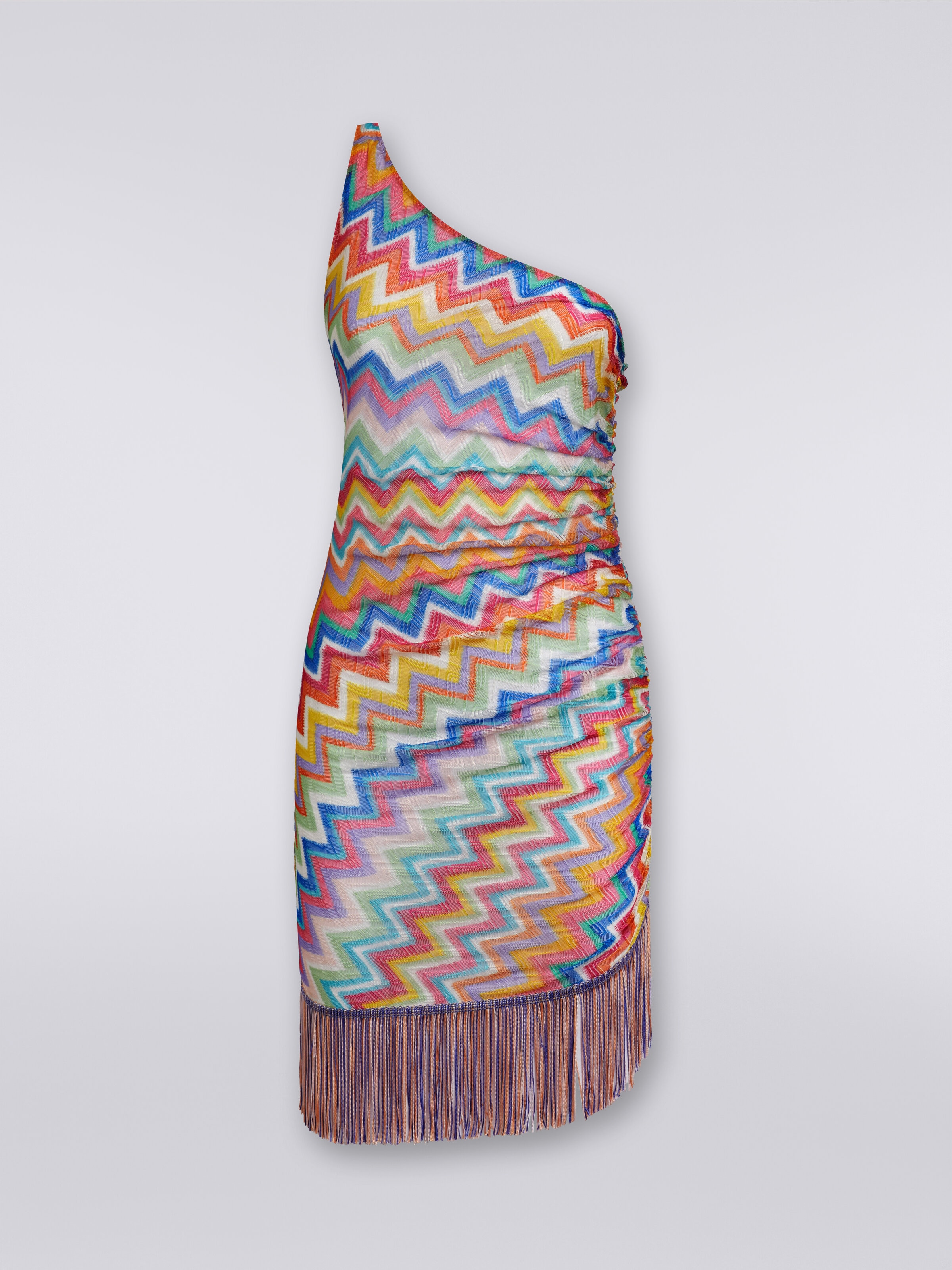 Short one-shoulder cover-up with fringes and side gathers, Multicoloured  - 0