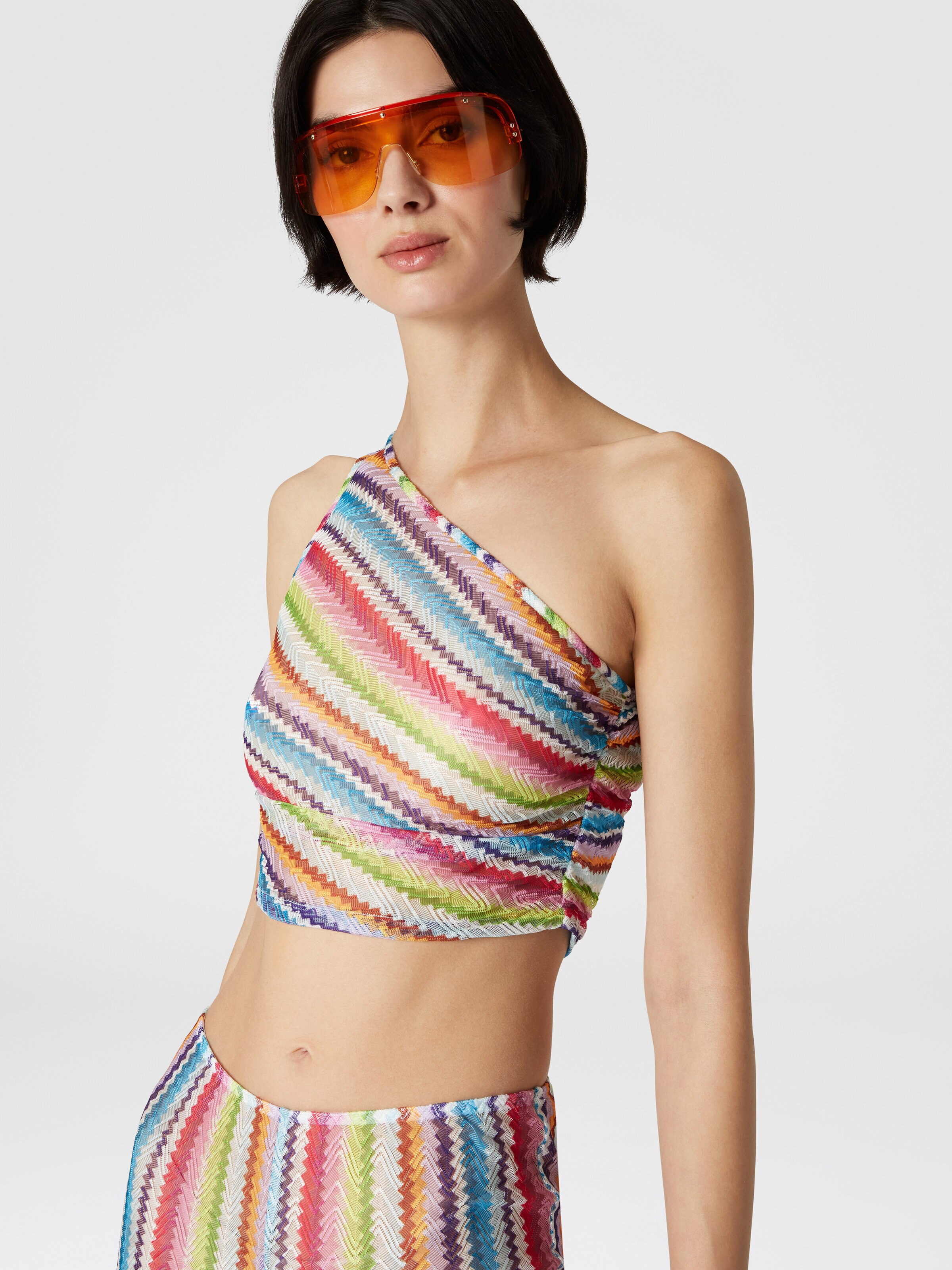 One-shoulder crop top with side gathering, Multicoloured  - 3