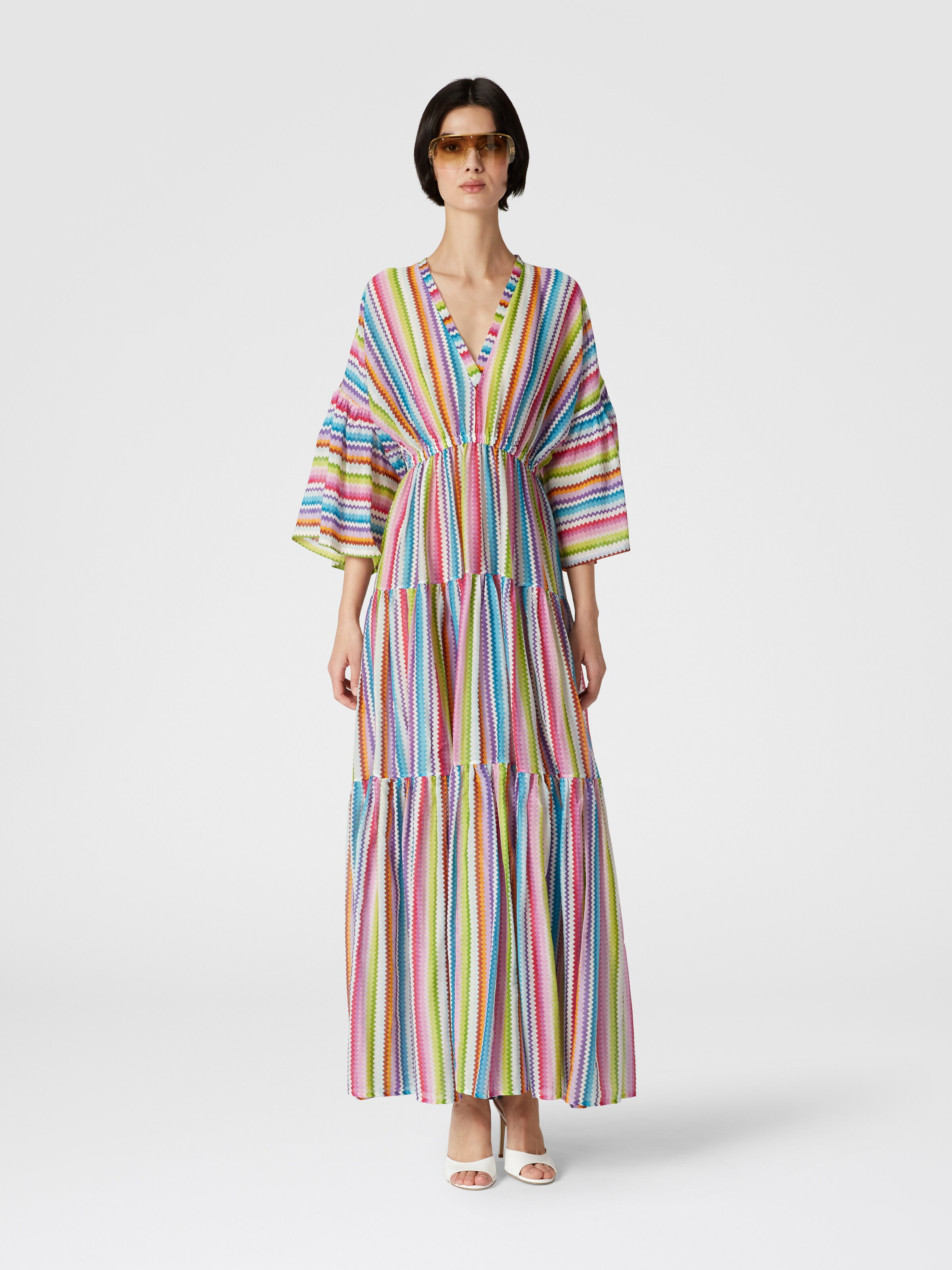 Long cover-up dress with flounces and zig zag print, Multicoloured  - 1