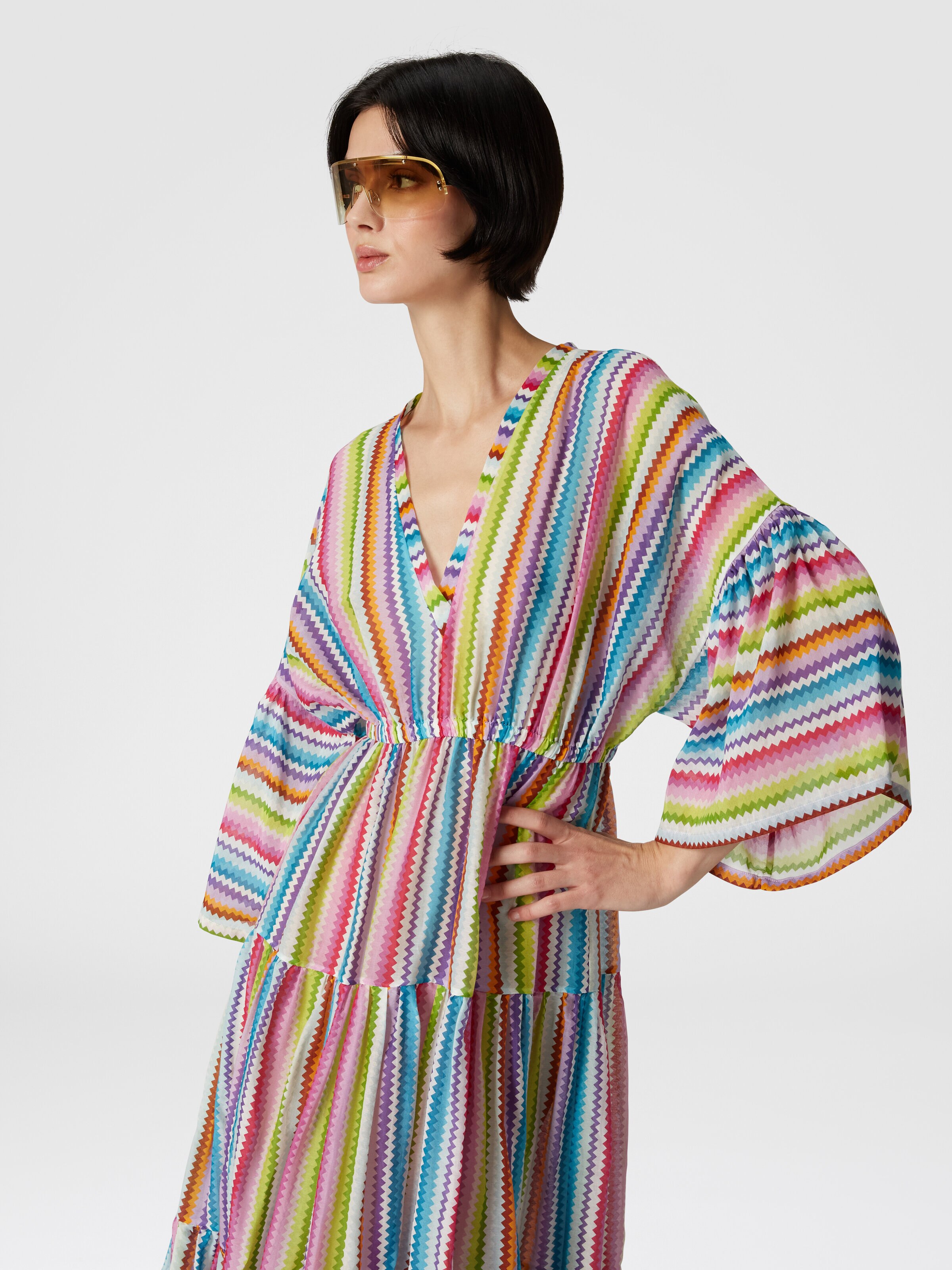 Long cover-up dress with flounces and zig zag print, Multicoloured  - 3