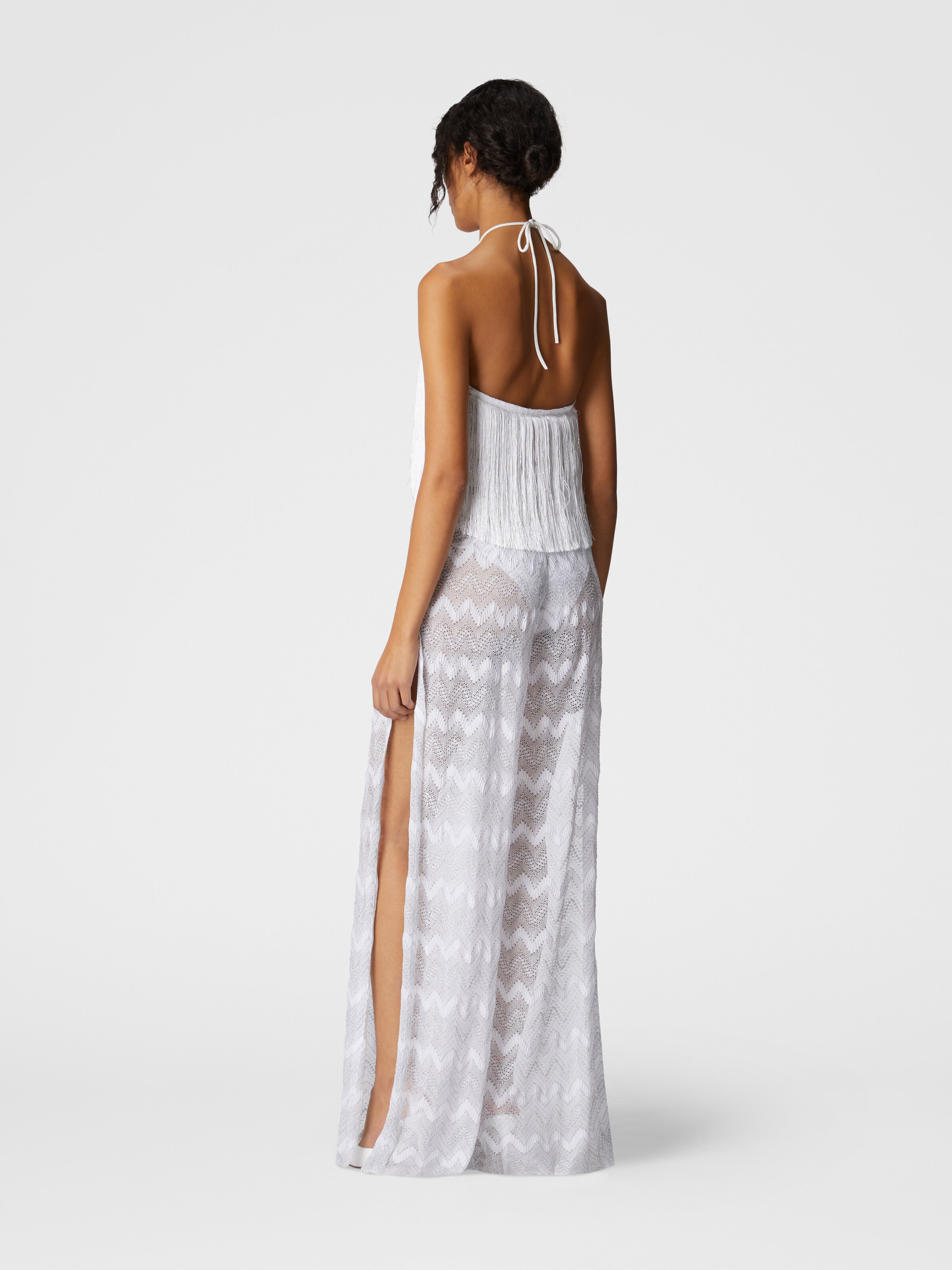 Zig zag lamé viscose jumpsuit with fringes, Silver - 2