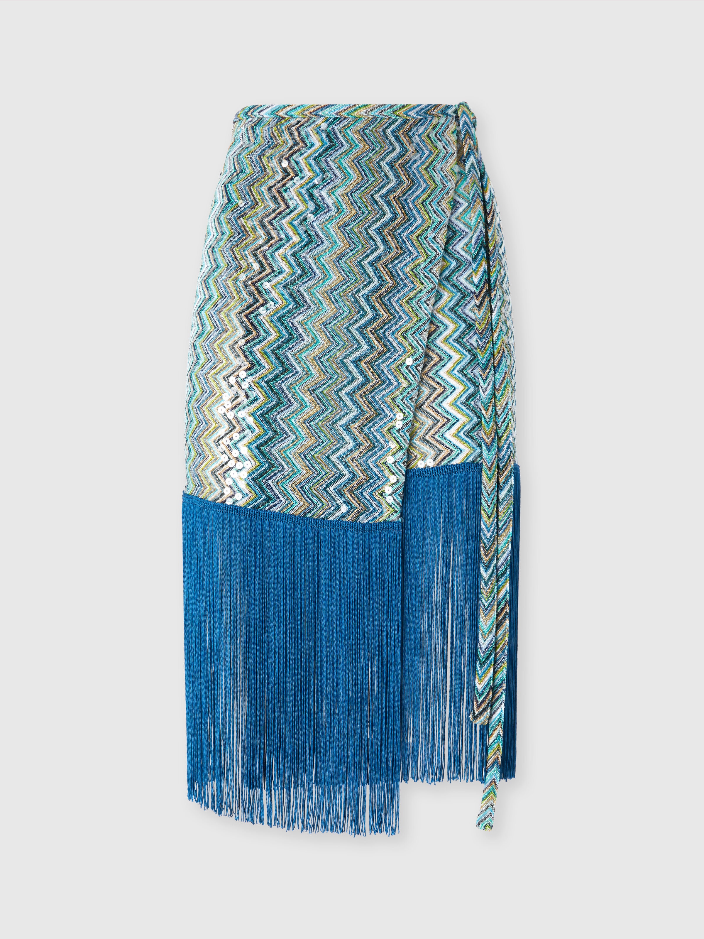 Zig zag lamé viscose sarong skirt with sequins and fringes, Multicoloured  - 0