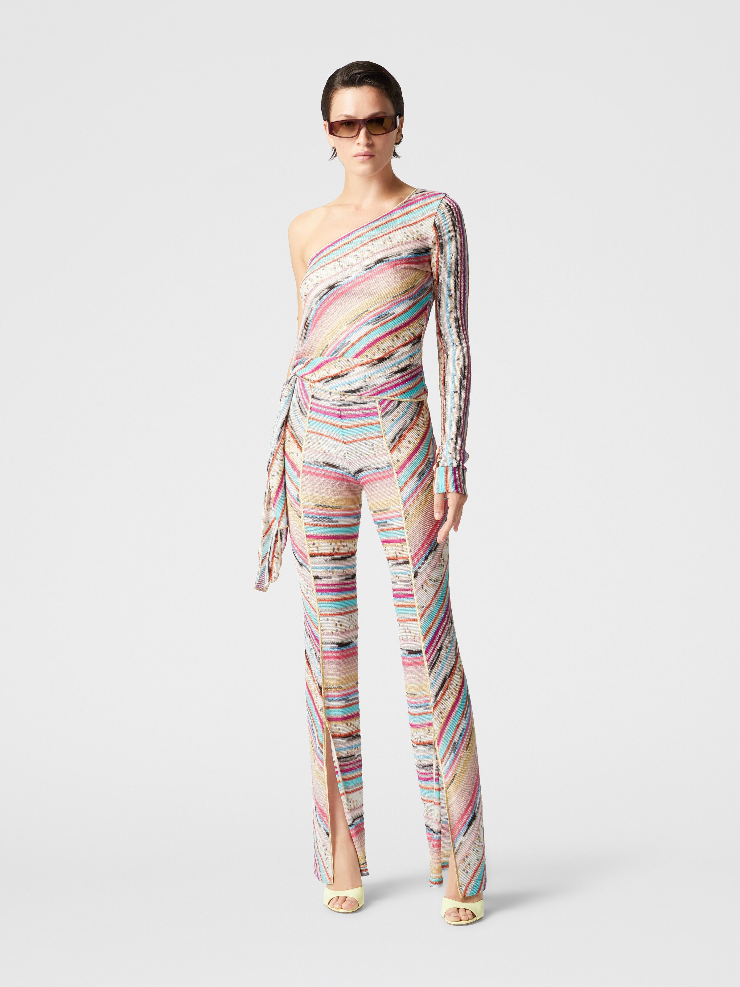Lamé slub viscose trousers with slits at the bottom, Multicoloured  - 1