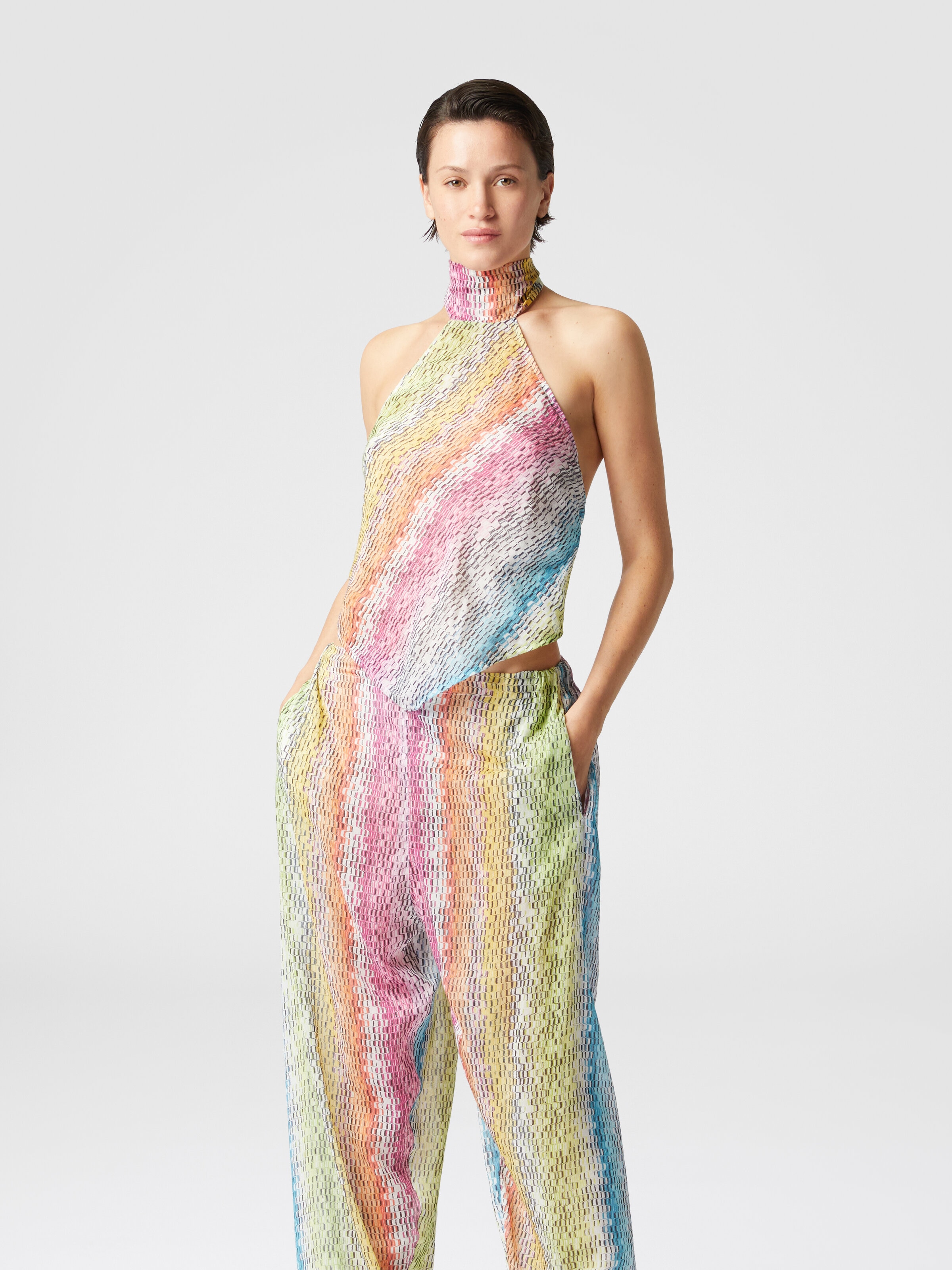 Pantalon en coton et soie mélangés imprimés avec cordon de serrage, Multicolore  - 1