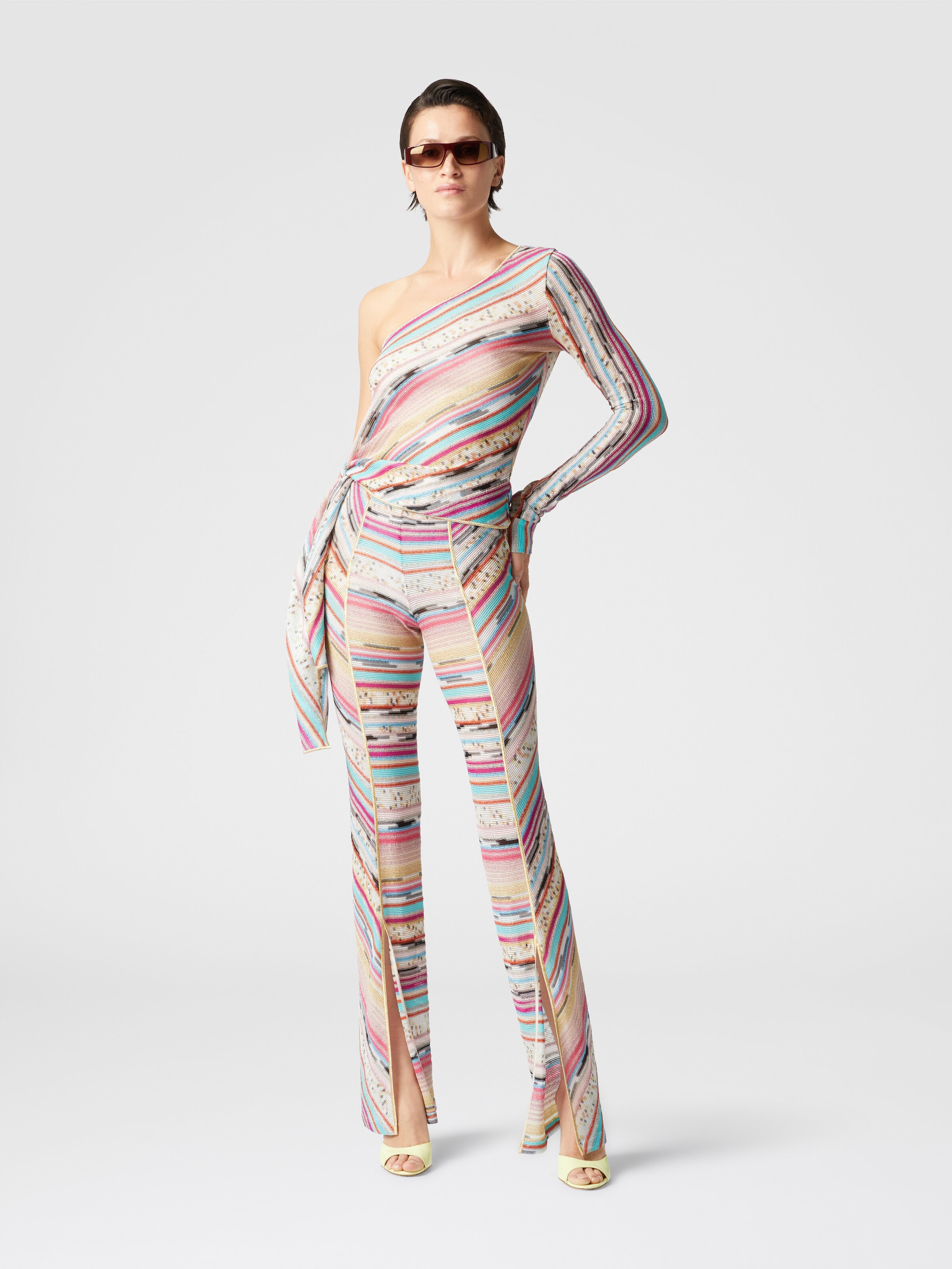 One-Shoulder-Pullover, seitlich geknüpft aus Lamé-Viskose, Mehrfarbig  - 1
