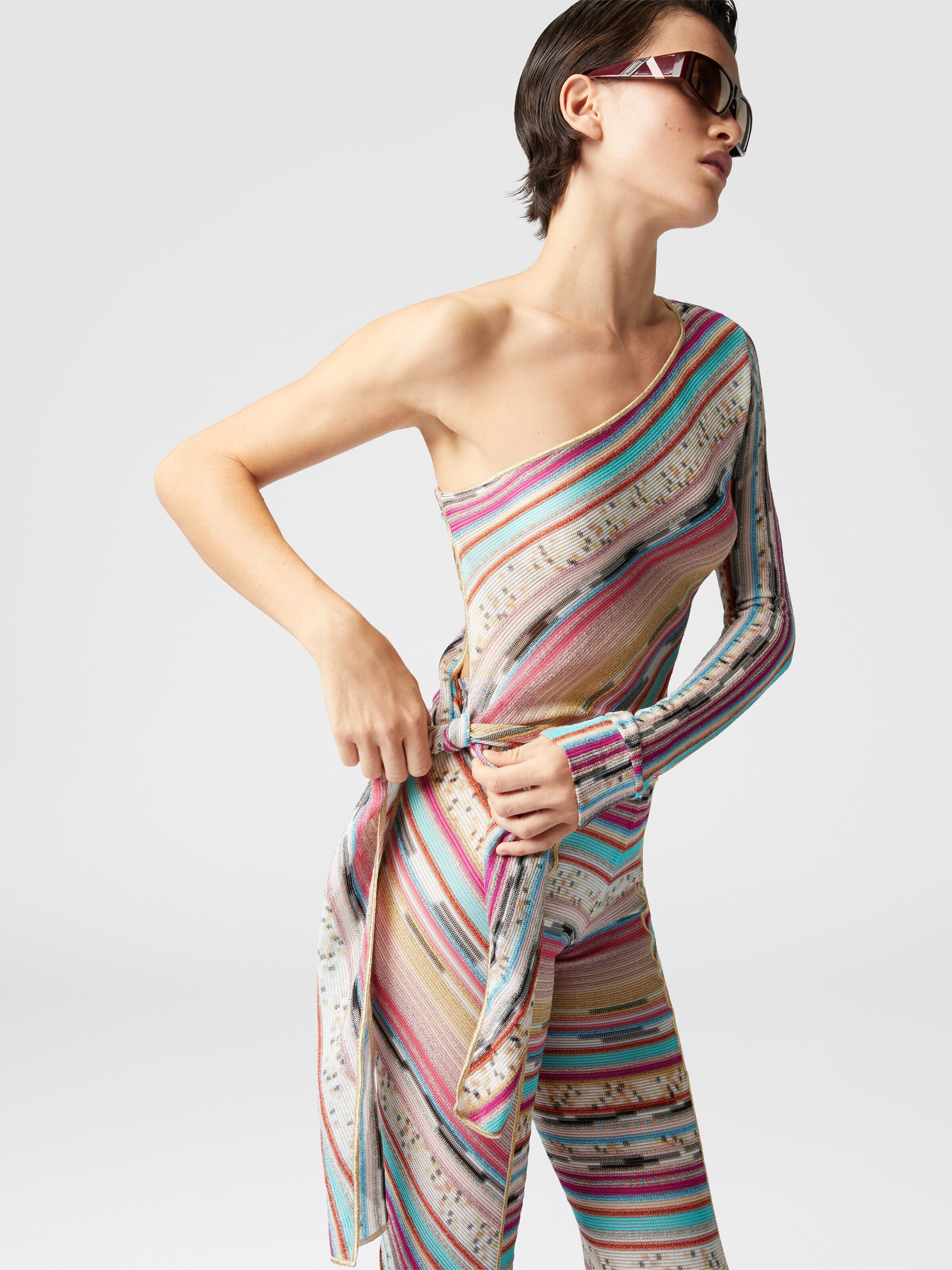 One-Shoulder-Pullover, seitlich geknüpft aus Lamé-Viskose, Mehrfarbig  - 3