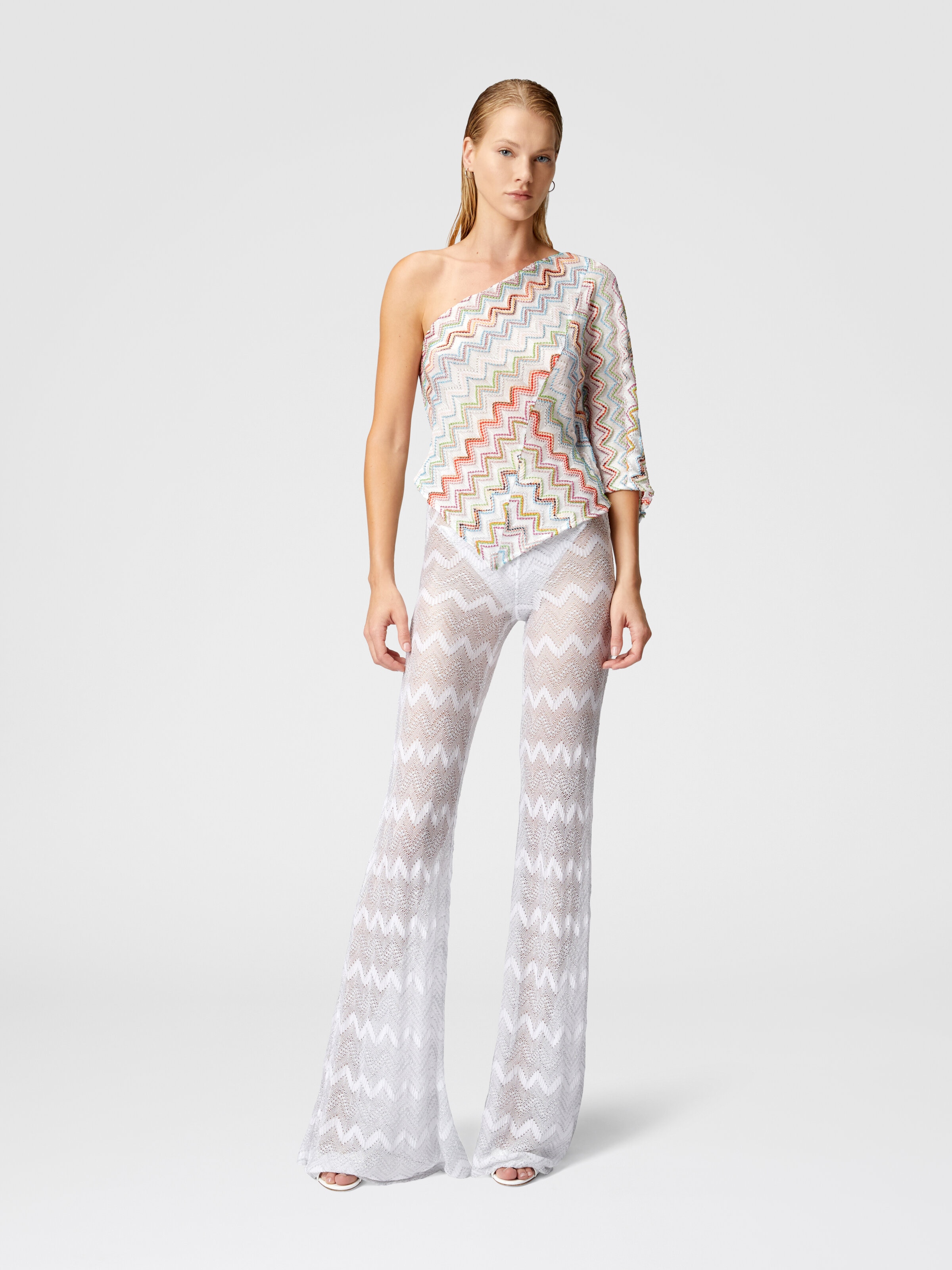 Top de un solo hombro con lamé 3D en zig zag y mangas anchas, Multicolor  - 1