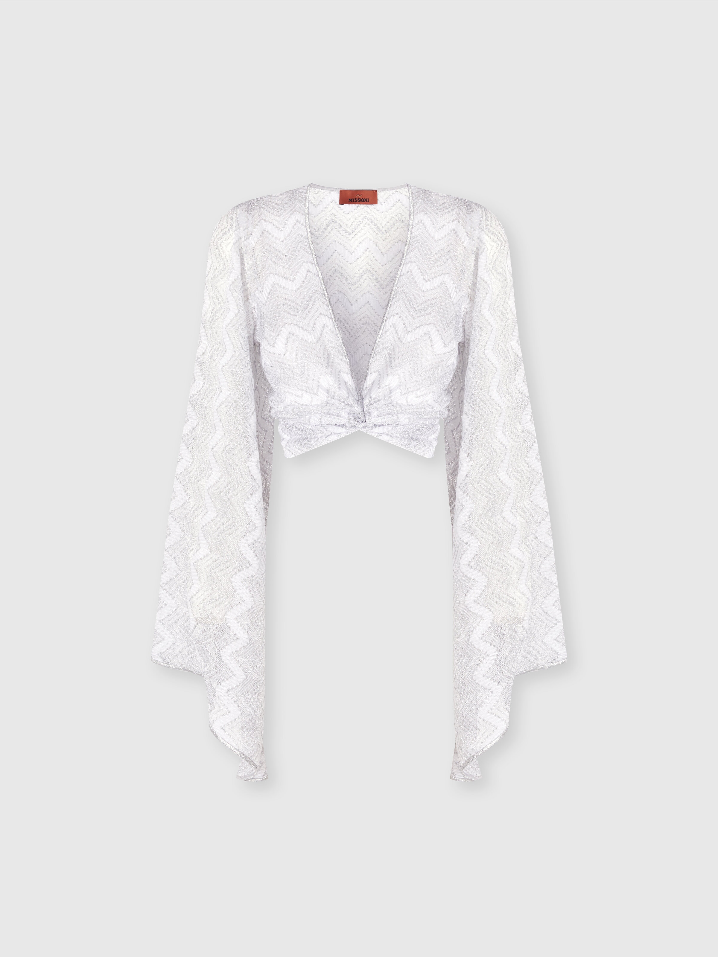 Crop top with wide sleeves and front knot in zig zag lamé viscose, Silver - 0