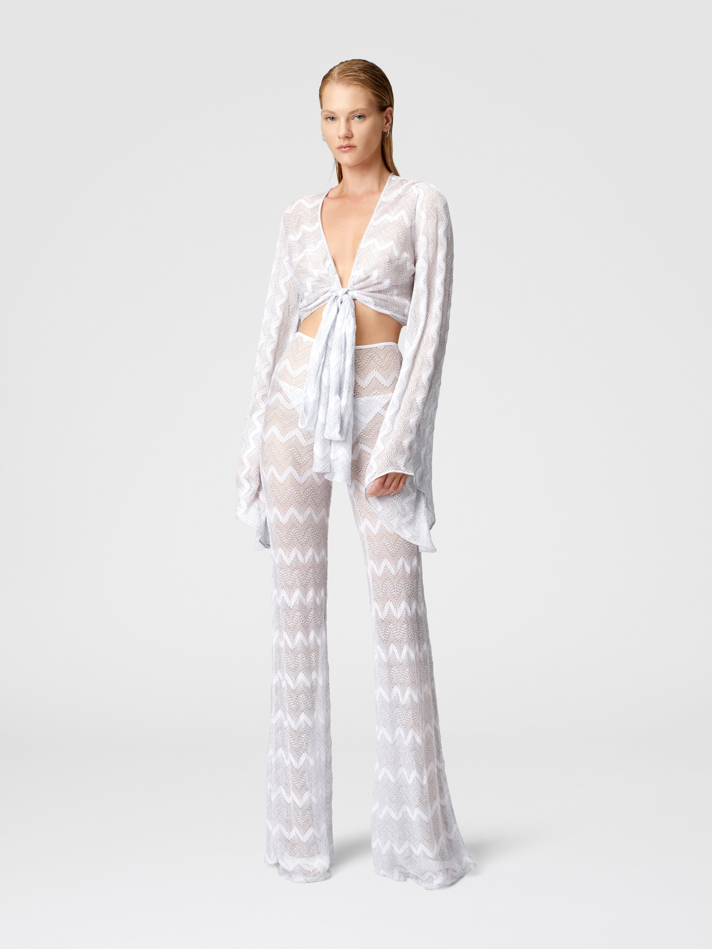 Crop top with wide sleeves and front knot in zig zag lamé viscose, Silver - 1