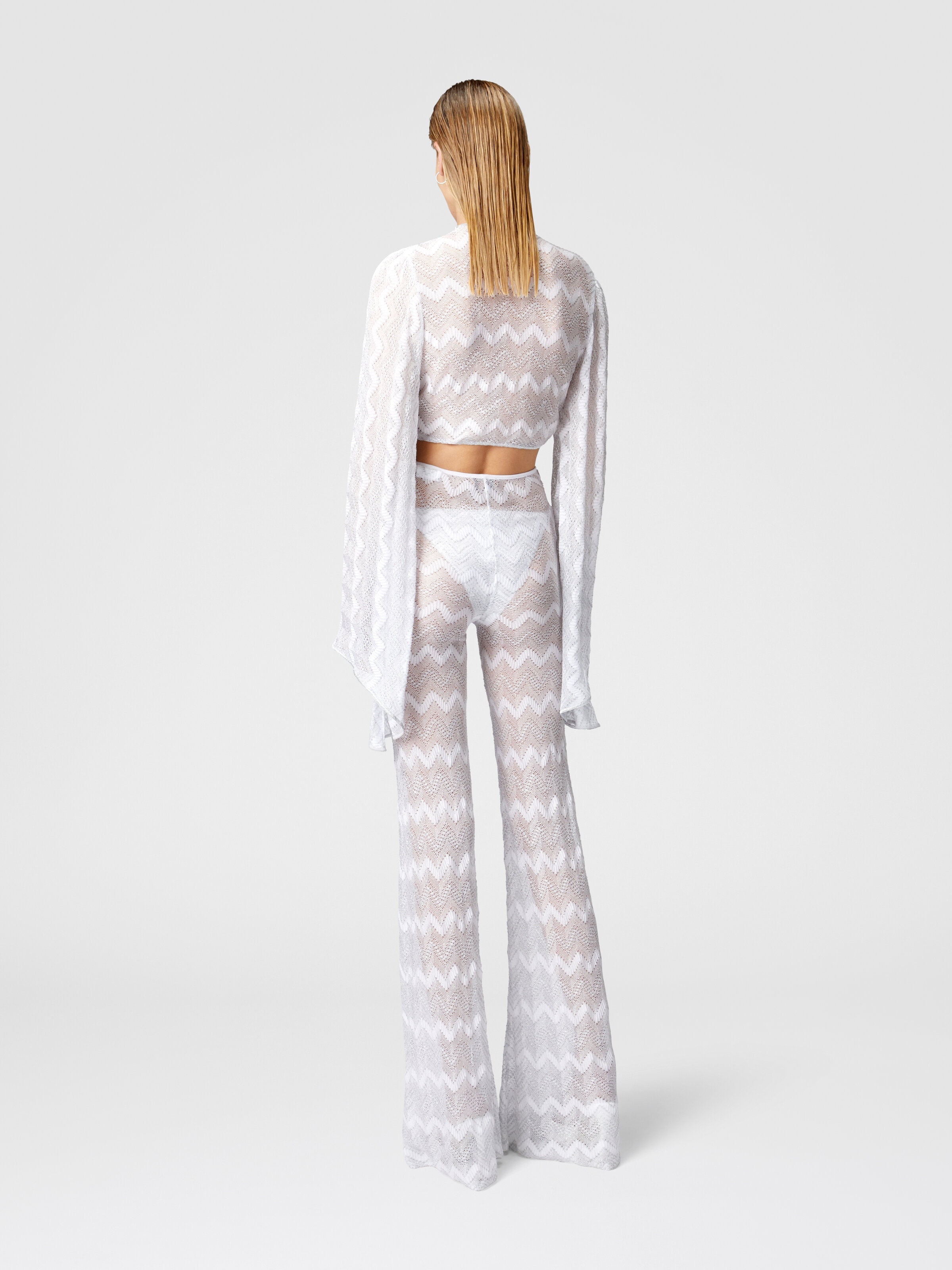 Crop top with wide sleeves and front knot in zig zag lamé viscose, Silver - 2
