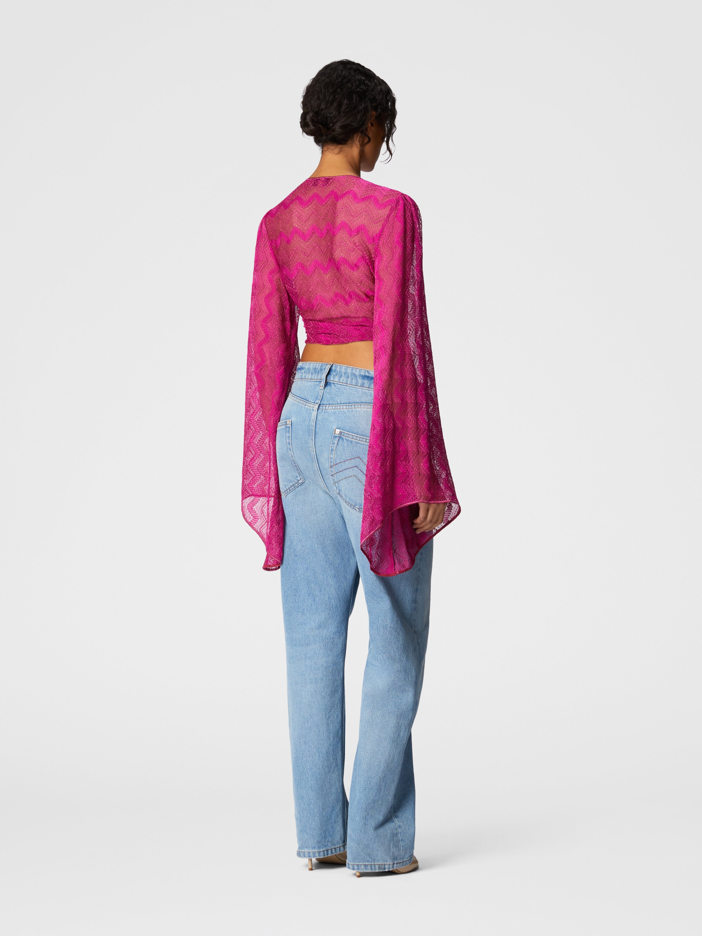 Crop top with wide sleeves and front knot in zig zag lamé viscose, Purple  - 2