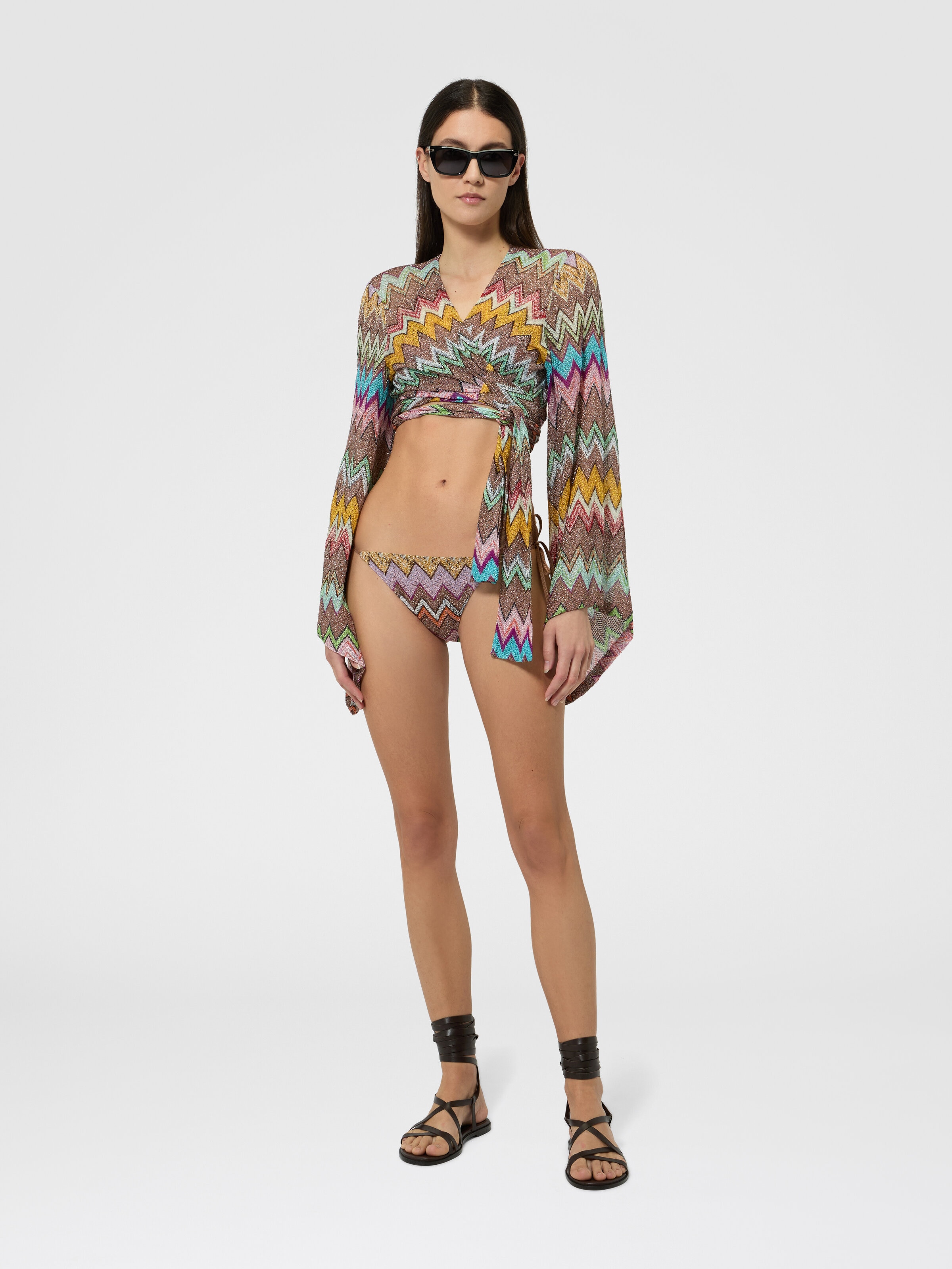 Long-sleeved wrap top in lamé viscose with macro zigzag pattern