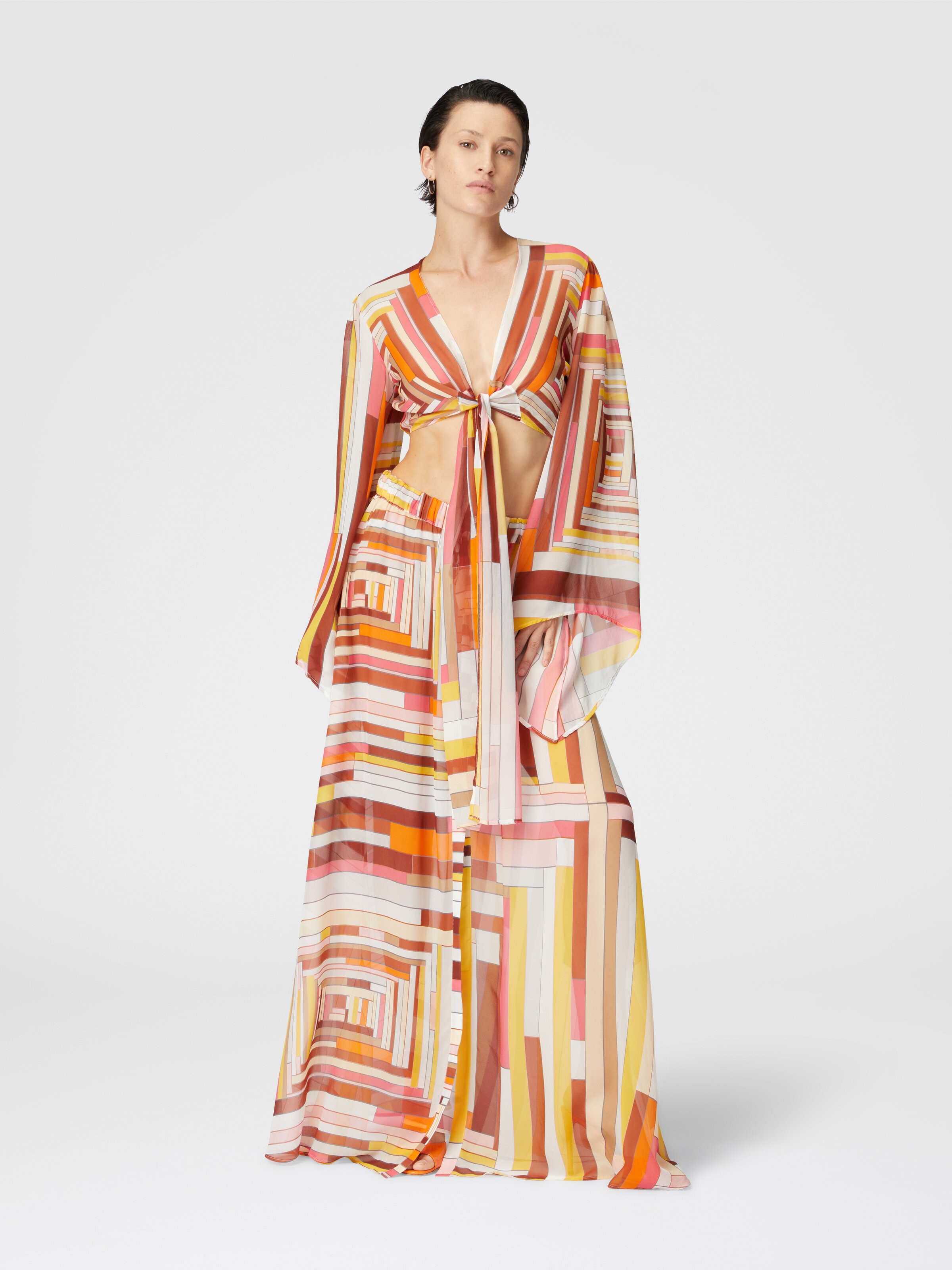 Printed silk crop top with wide sleeves and front knot, Multicoloured  - 1