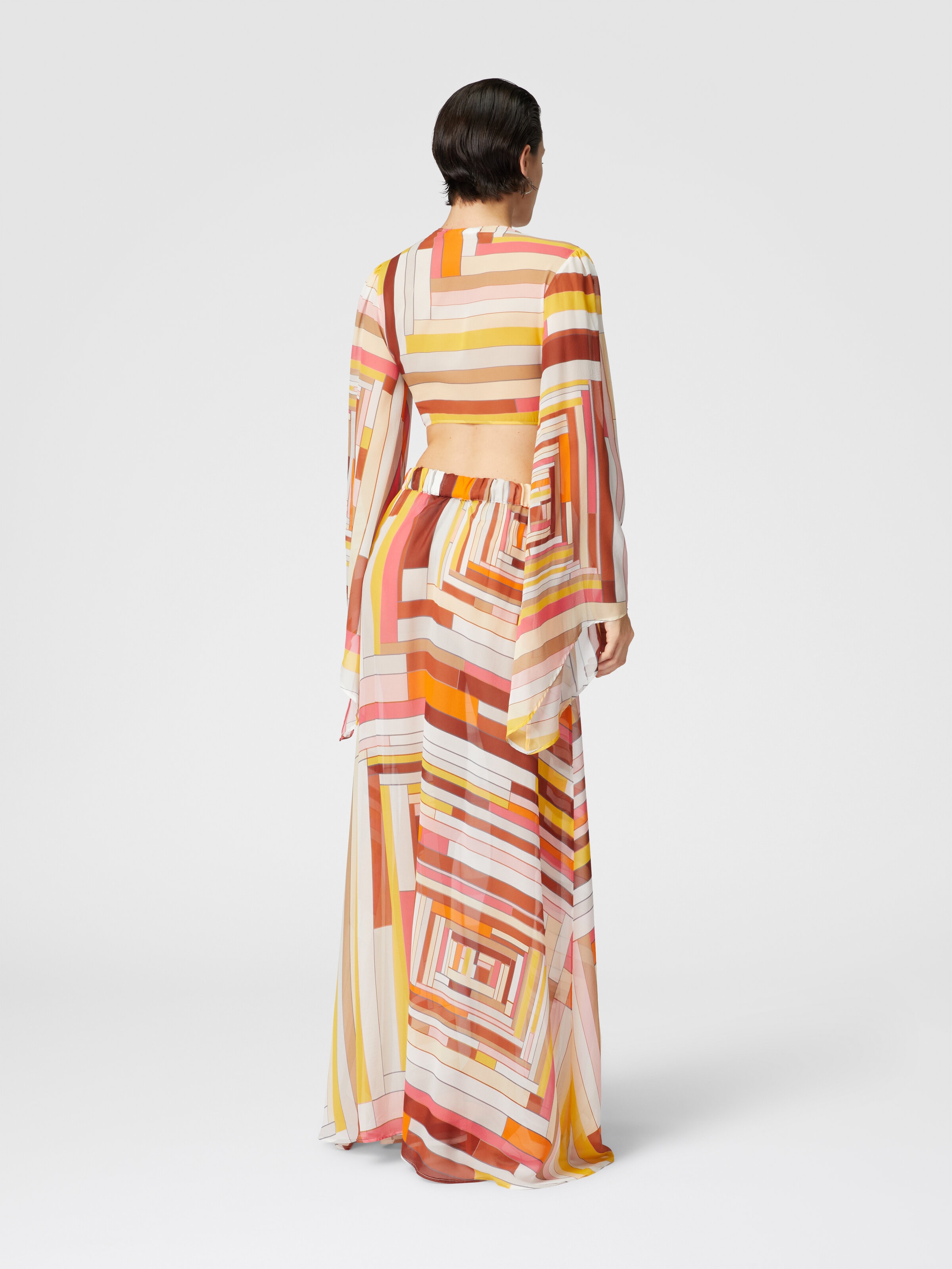 Printed silk crop top with wide sleeves and front knot, Multicoloured  - 2