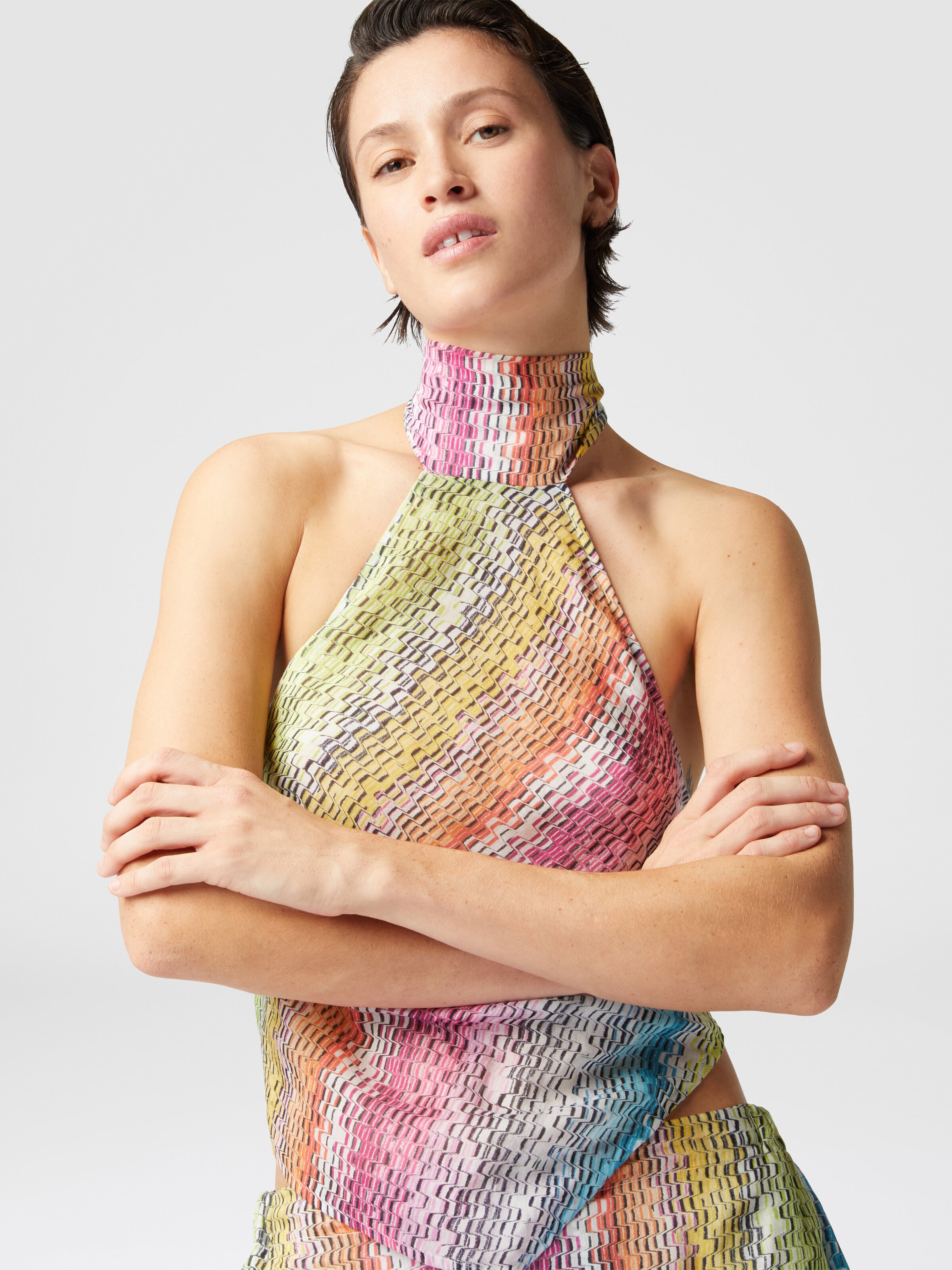 Haut sans manches à col roulé en coton et soie mélangés imprimés, Multicolore  - 3