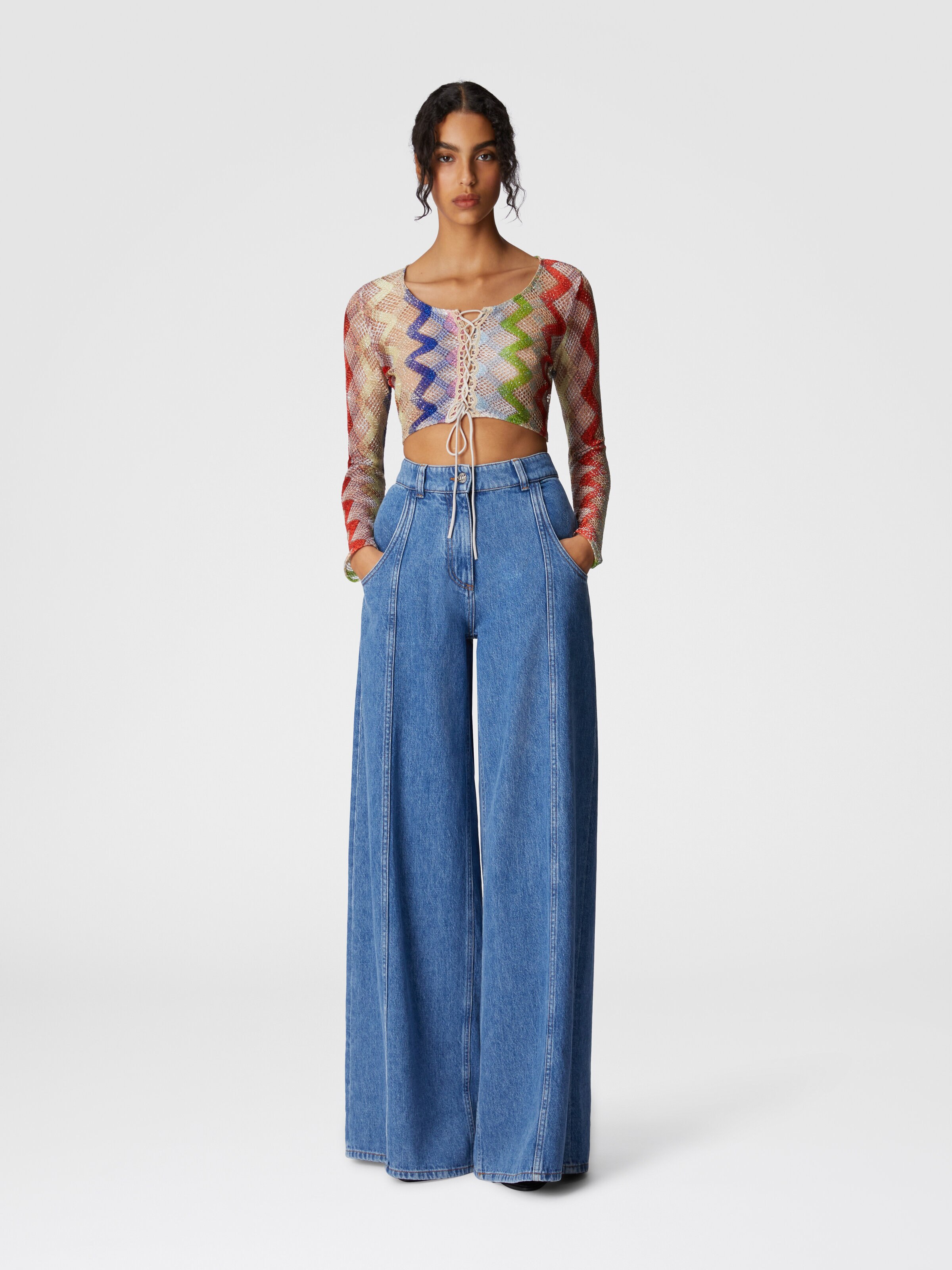 Crop top de manga larga con atadura al frente, Multicolor  - 1