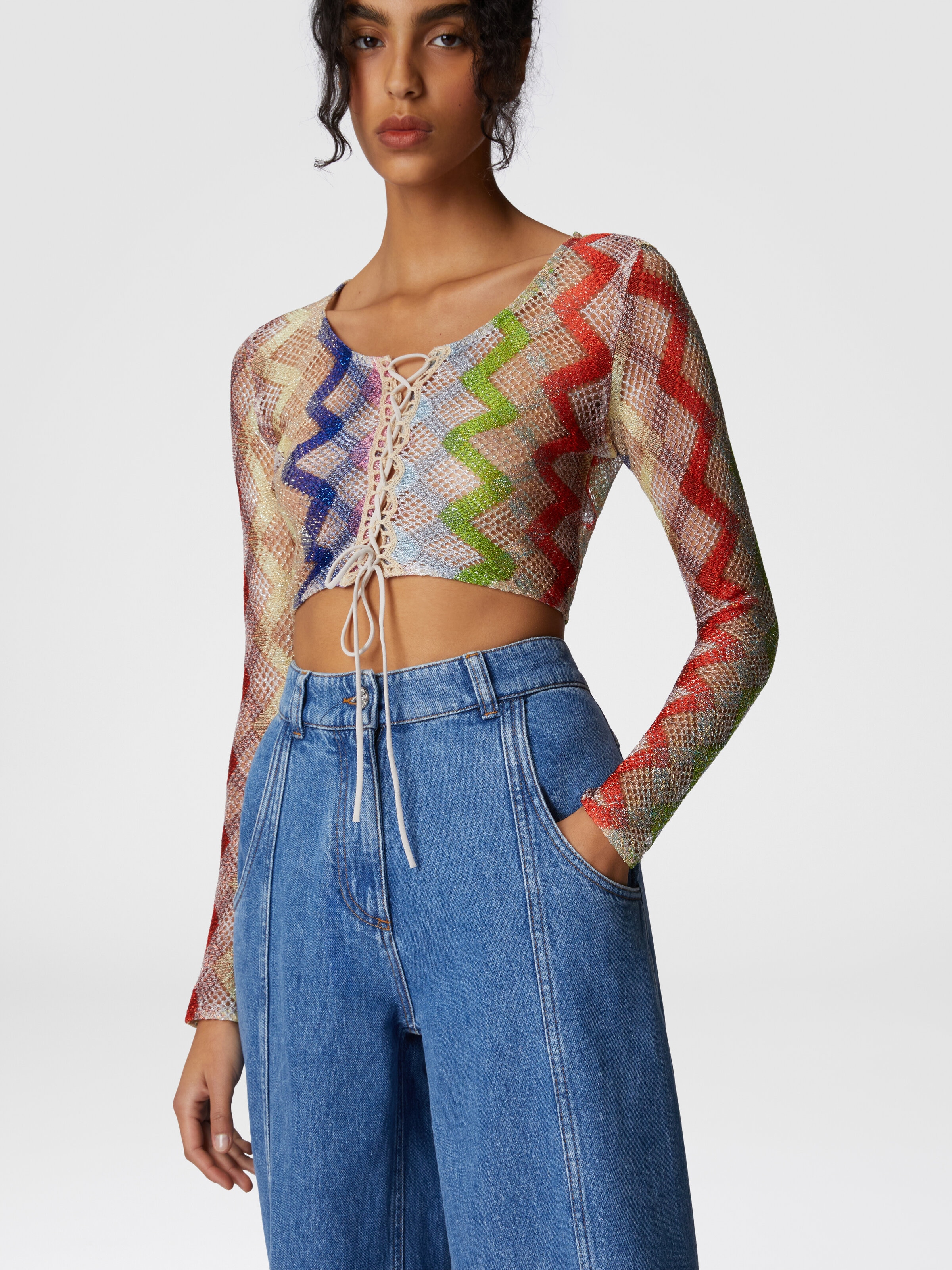 Crop top de manga larga con atadura al frente, Multicolor  - 3