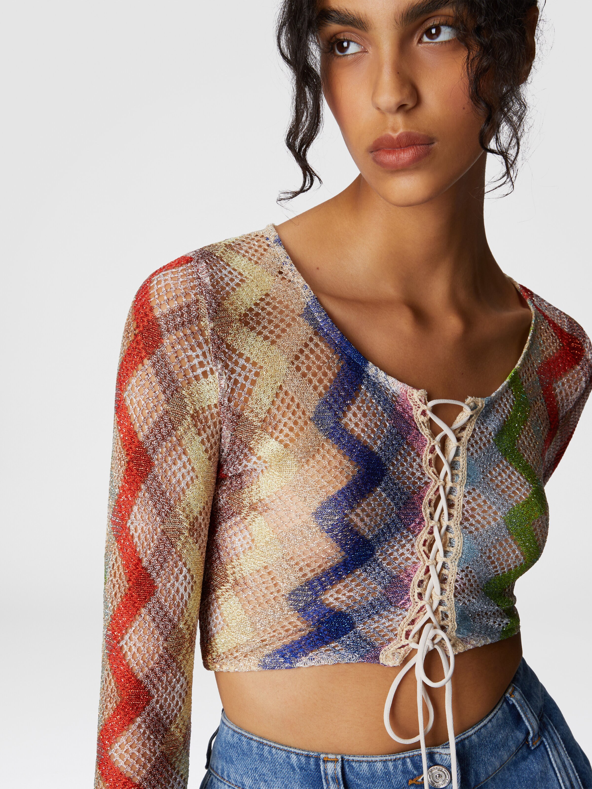 Crop top de manga larga con atadura al frente, Multicolor  - 4