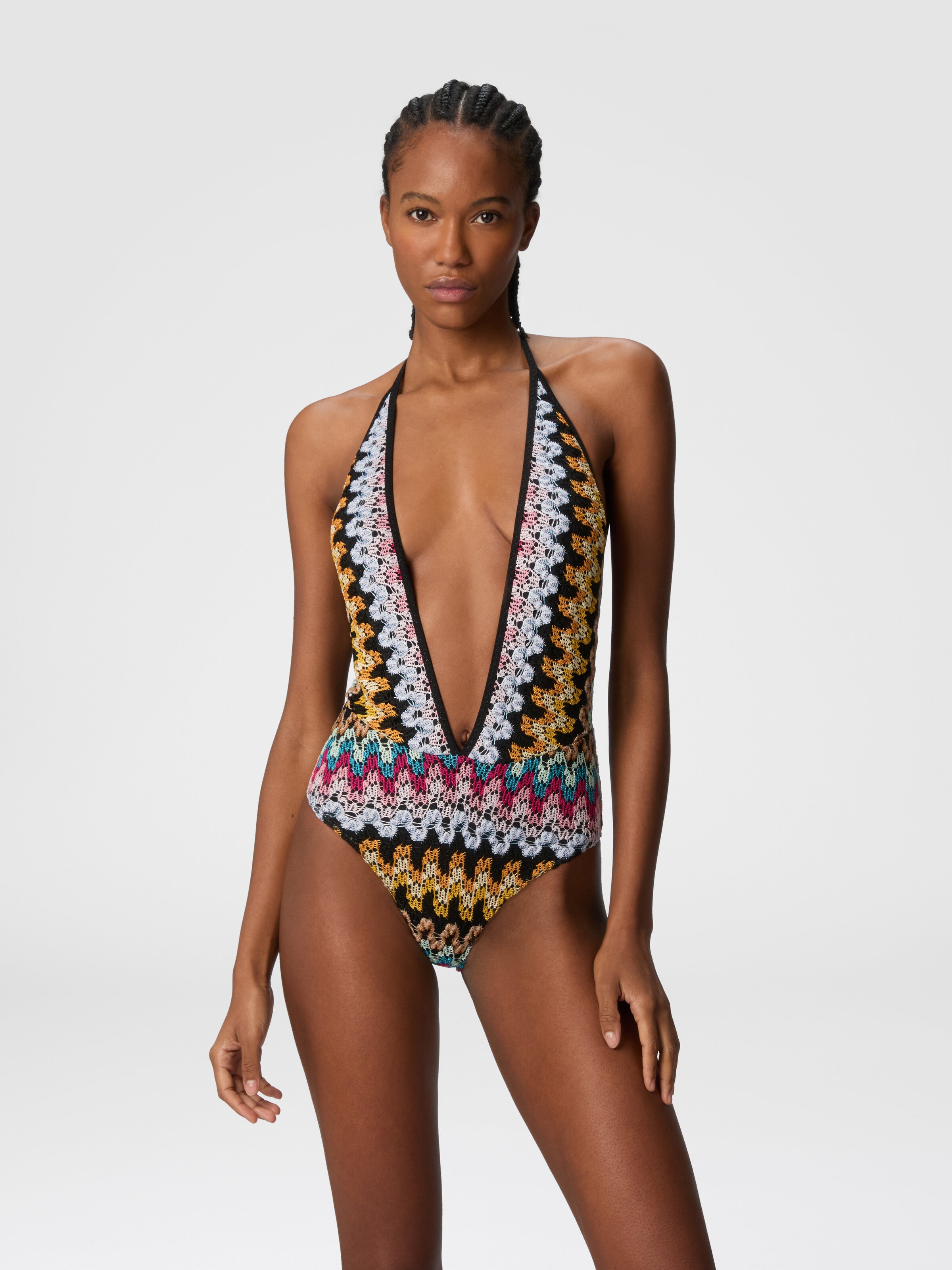 One-piece swimsuit in lamé viscose lace, Multicoloured  - 1
