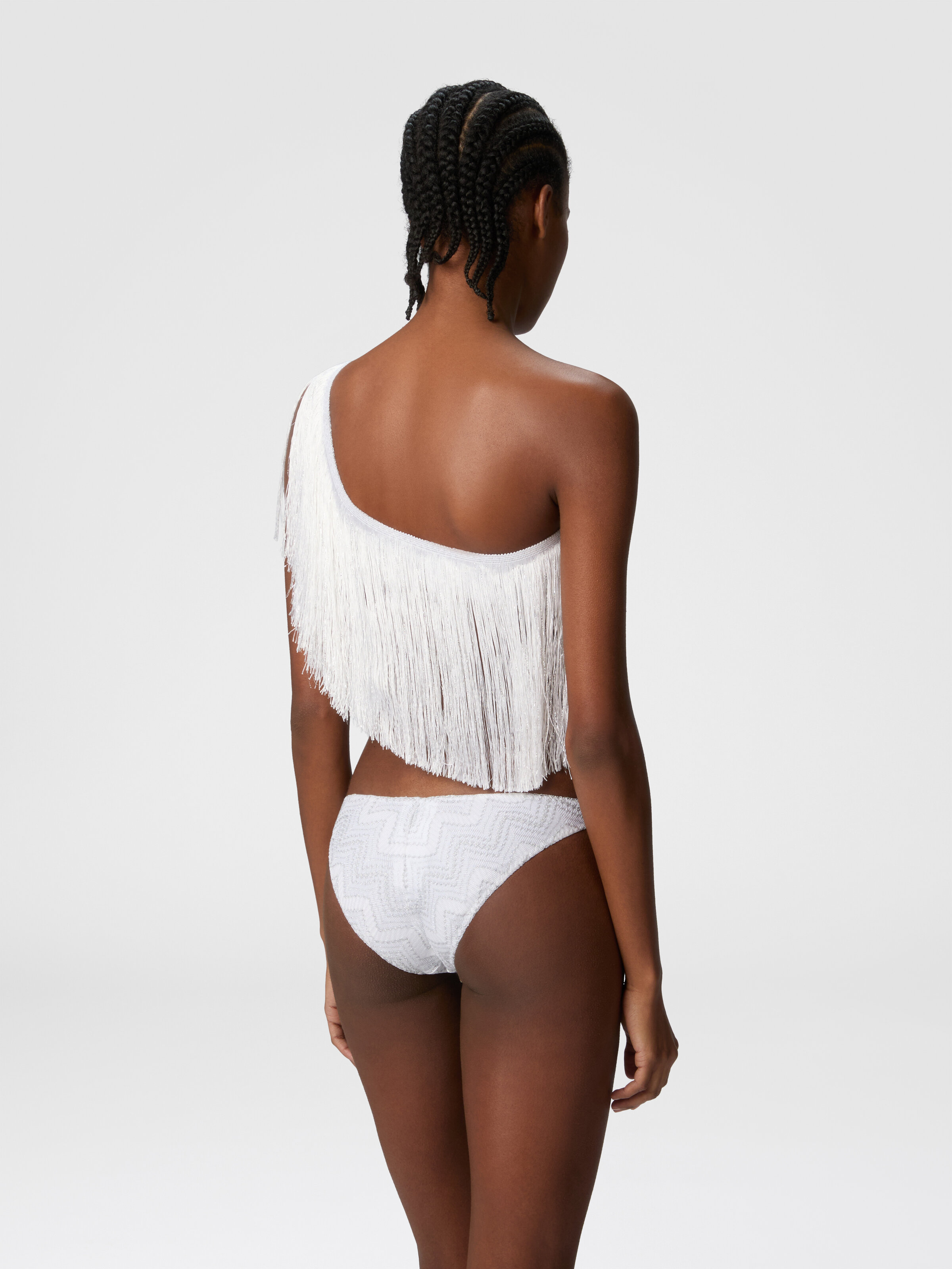 Bikini monospalla in viscosa zig zag lamé con frange, Argento - 2