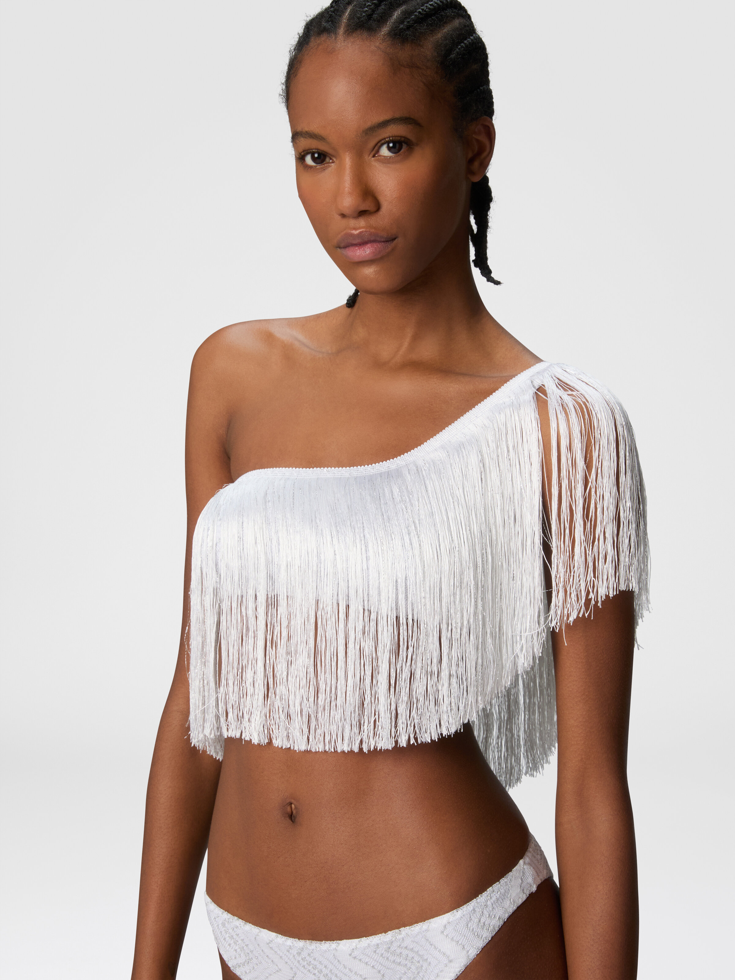Bikini monospalla in viscosa zig zag lamé con frange, Argento - 3