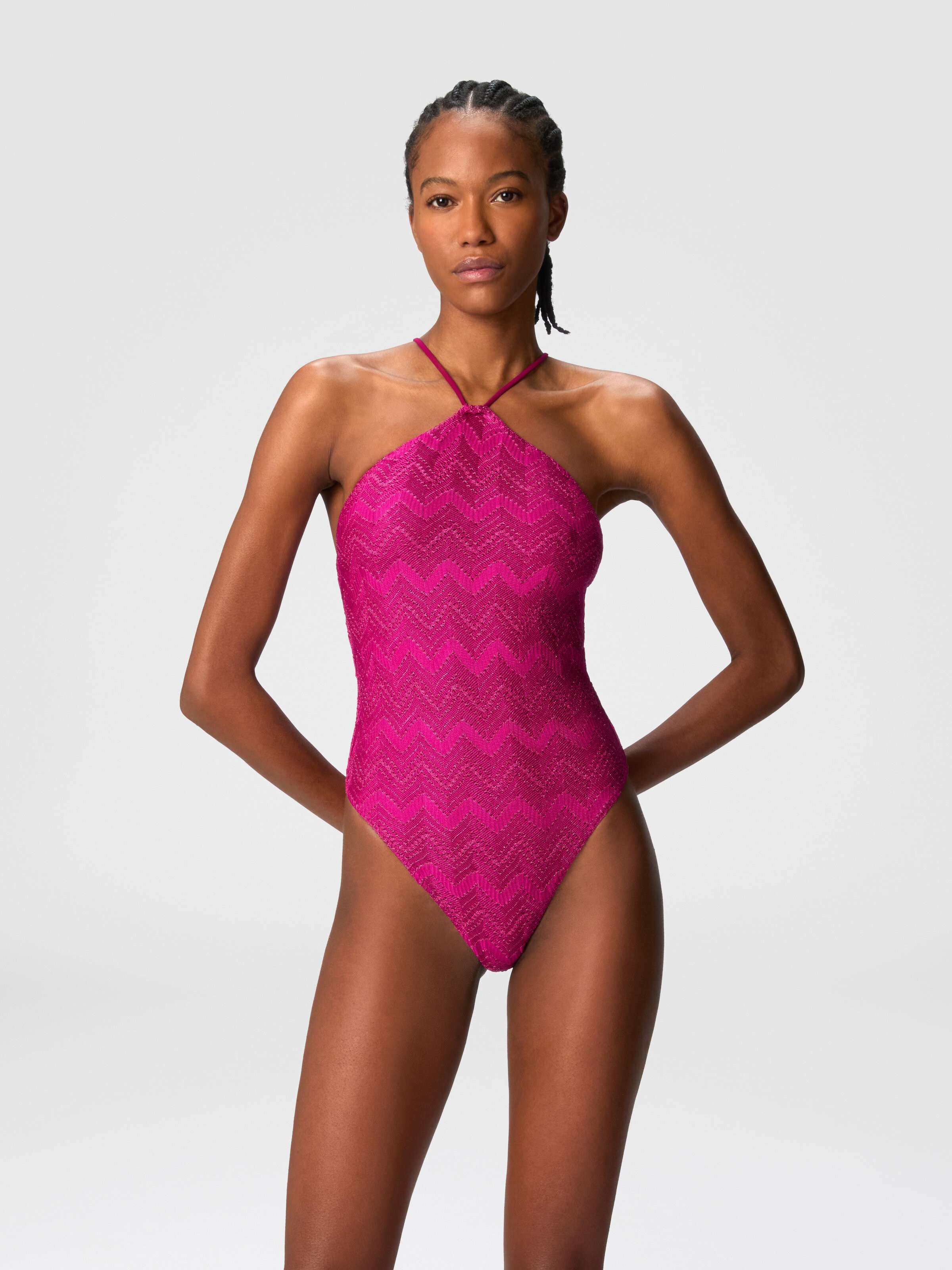 Zig zag lamé viscose one-piece swimsuit with halter neck