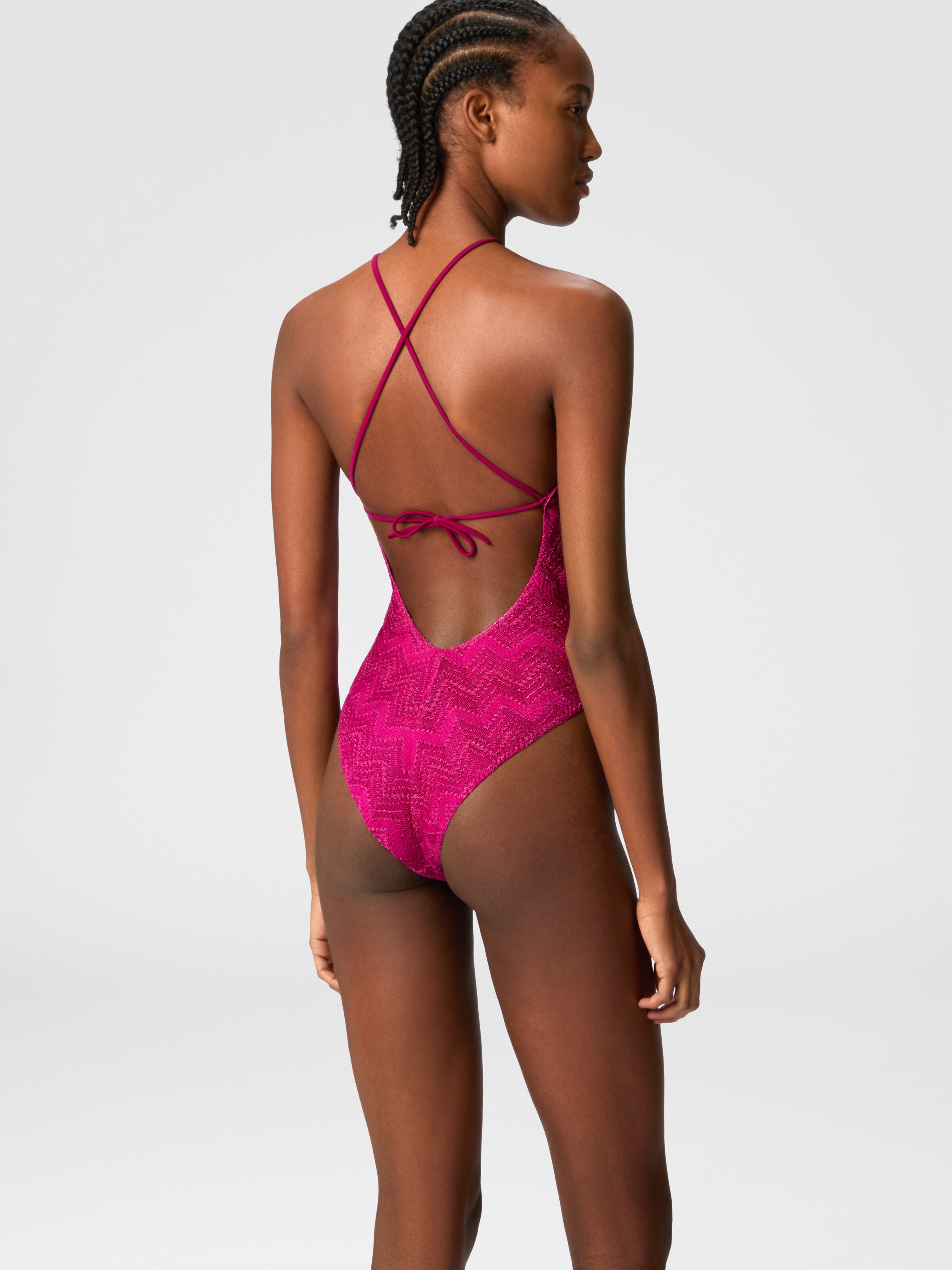 Zig zag lamé viscose one-piece swimsuit with halter neck