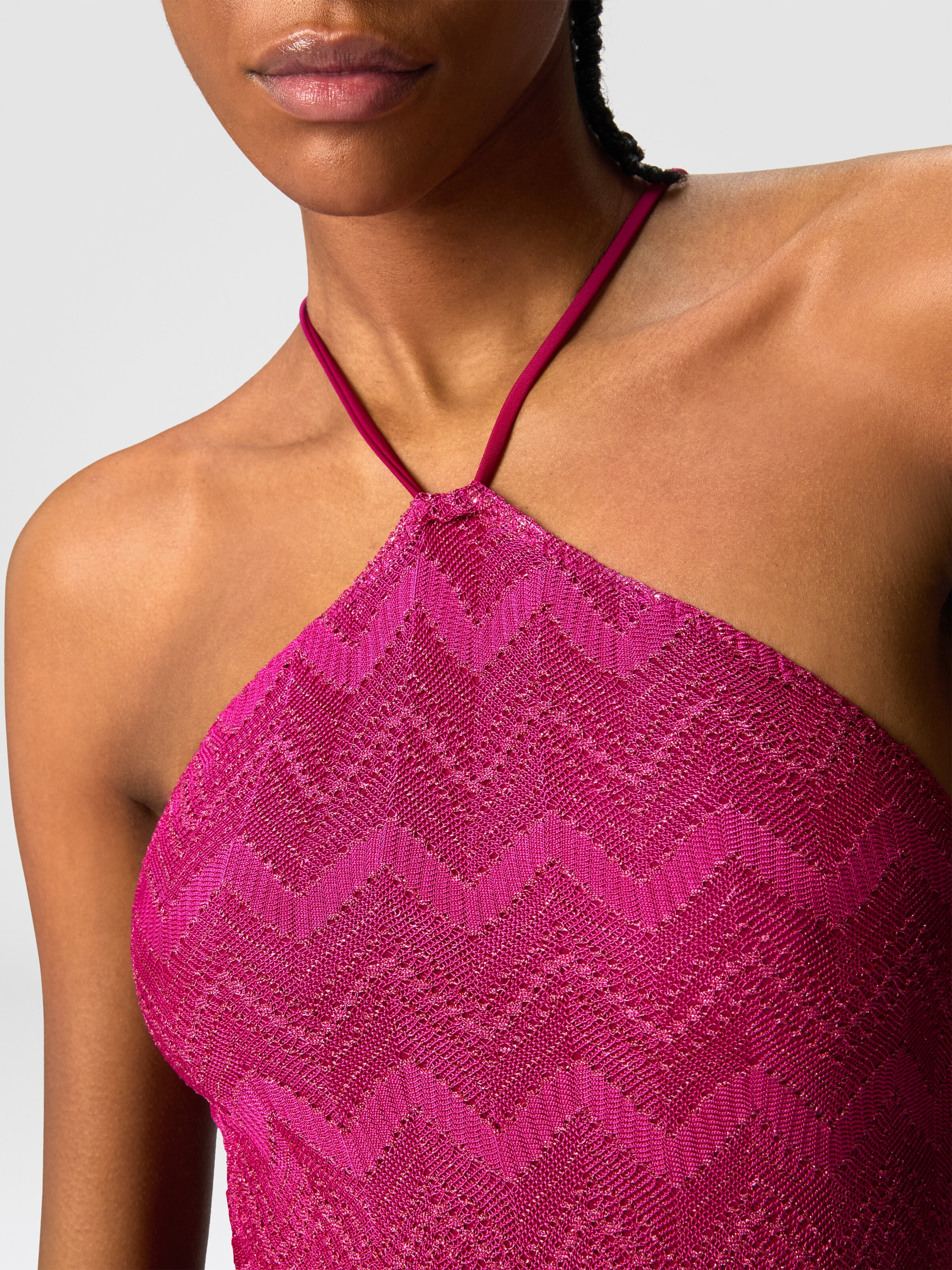 Zig zag lamé viscose one-piece swimsuit with halter neck, Purple  - 4