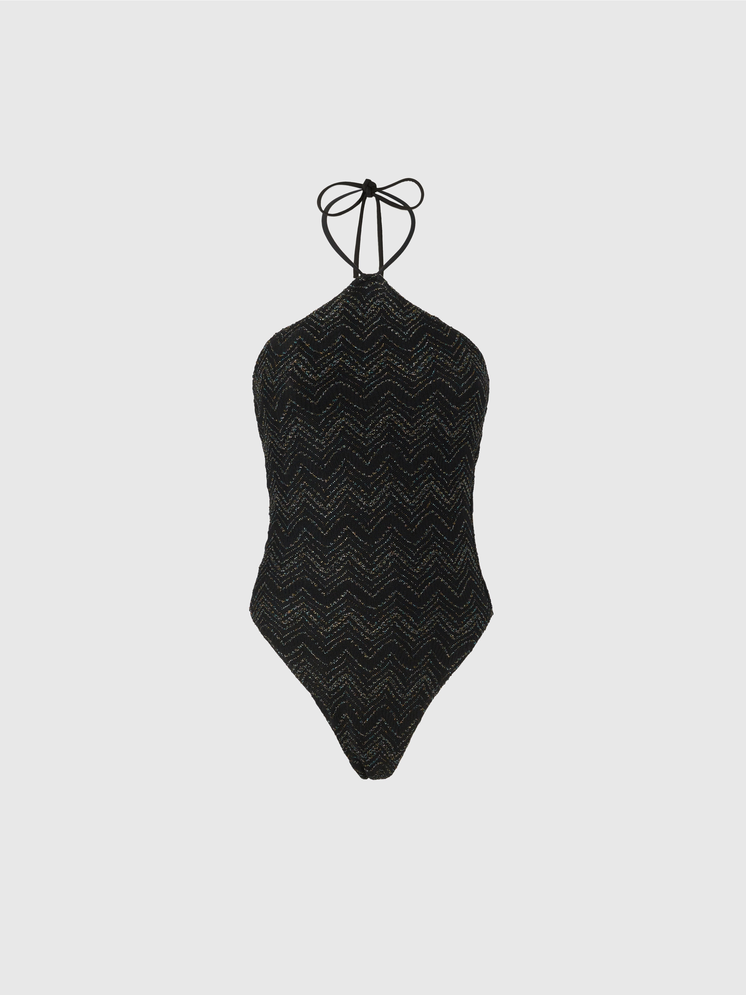 Zig zag lamé viscose one-piece swimsuit with halter neck, Black & Lamé - 0