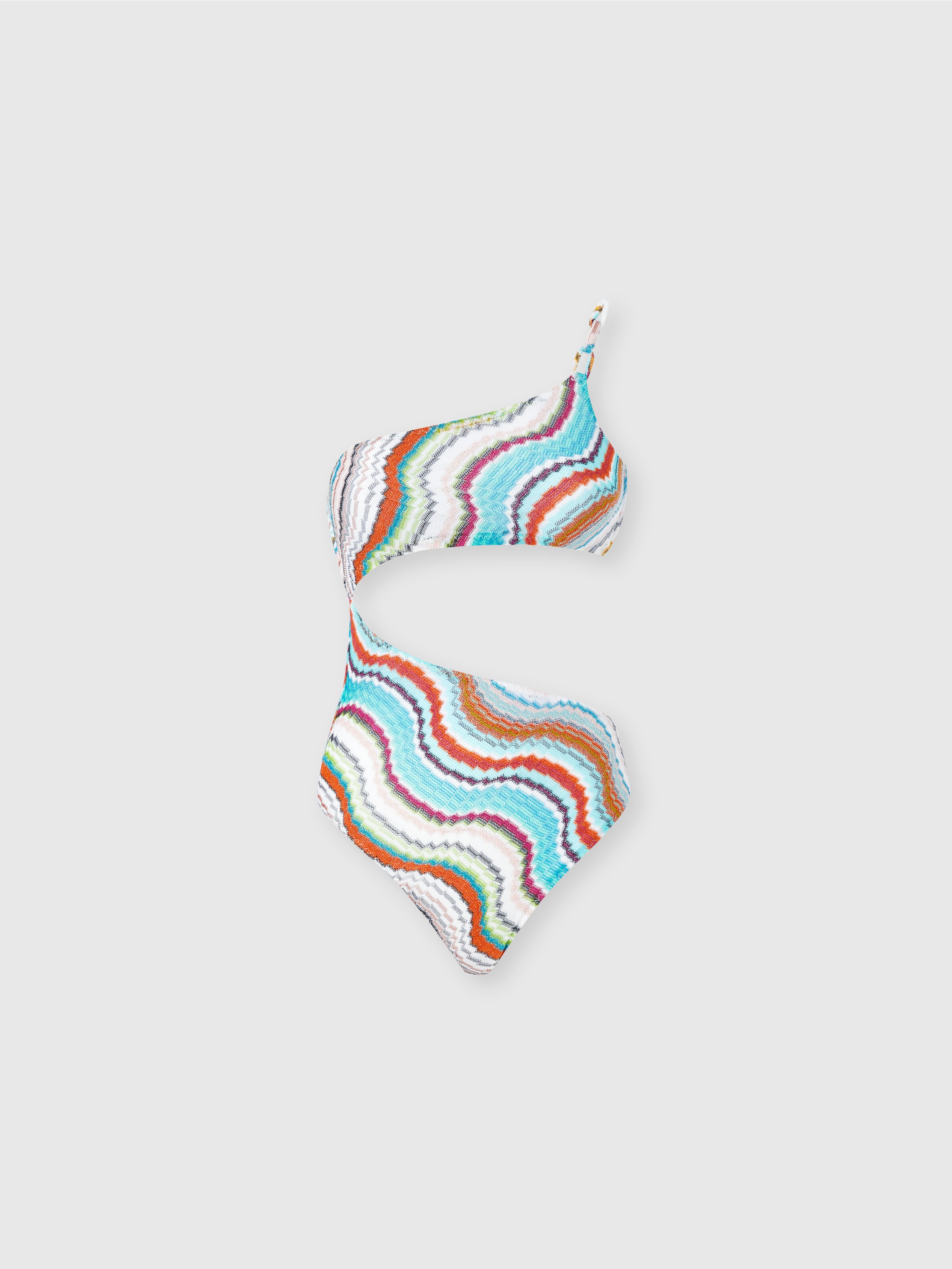 One-shoulder one-piece swimsuit with lamé wave motif and cut-out detail, Multicoloured  - 0