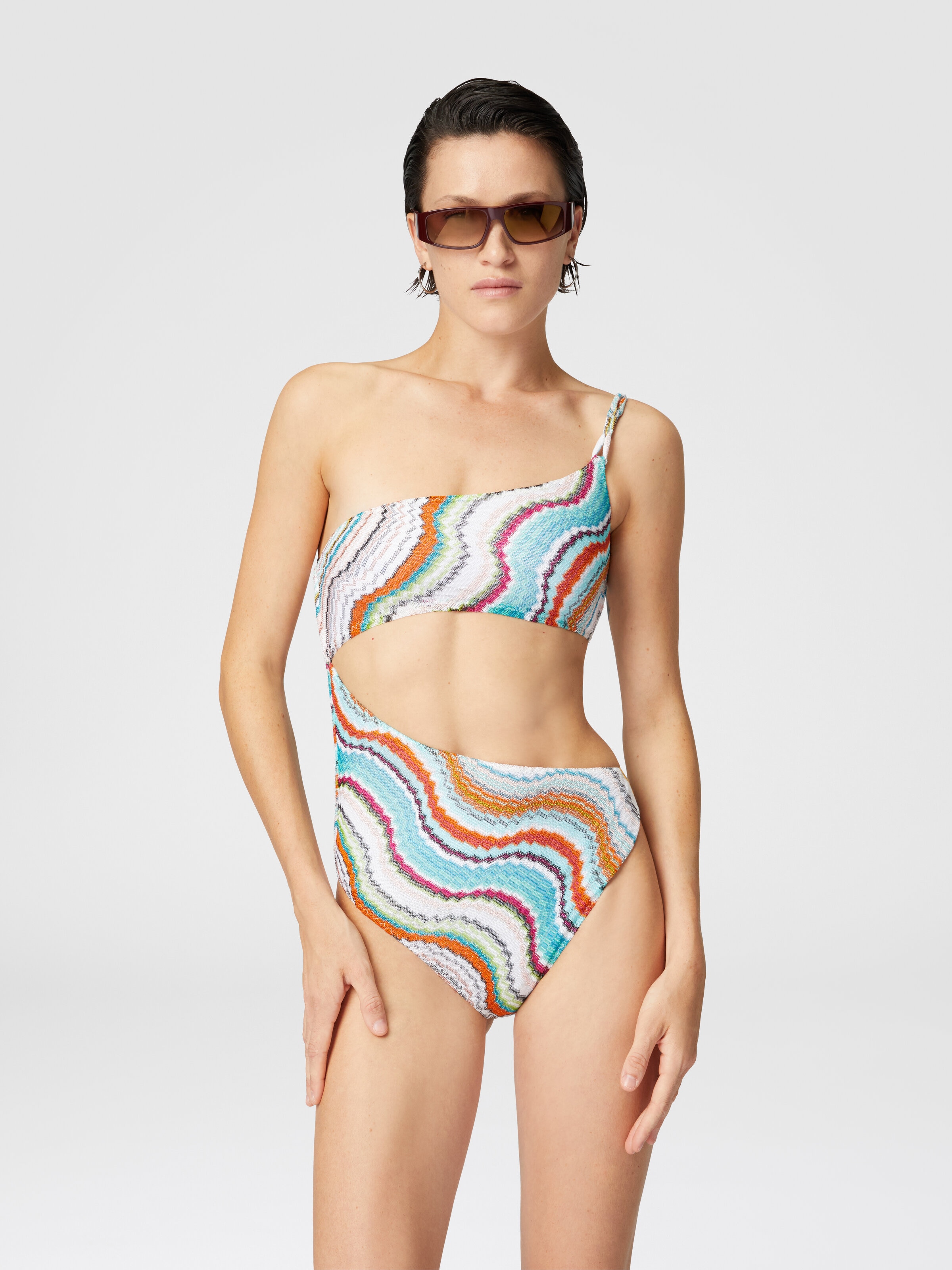 One-shoulder one-piece swimsuit with lamé wave motif and cut-out detail, Multicoloured  - 1