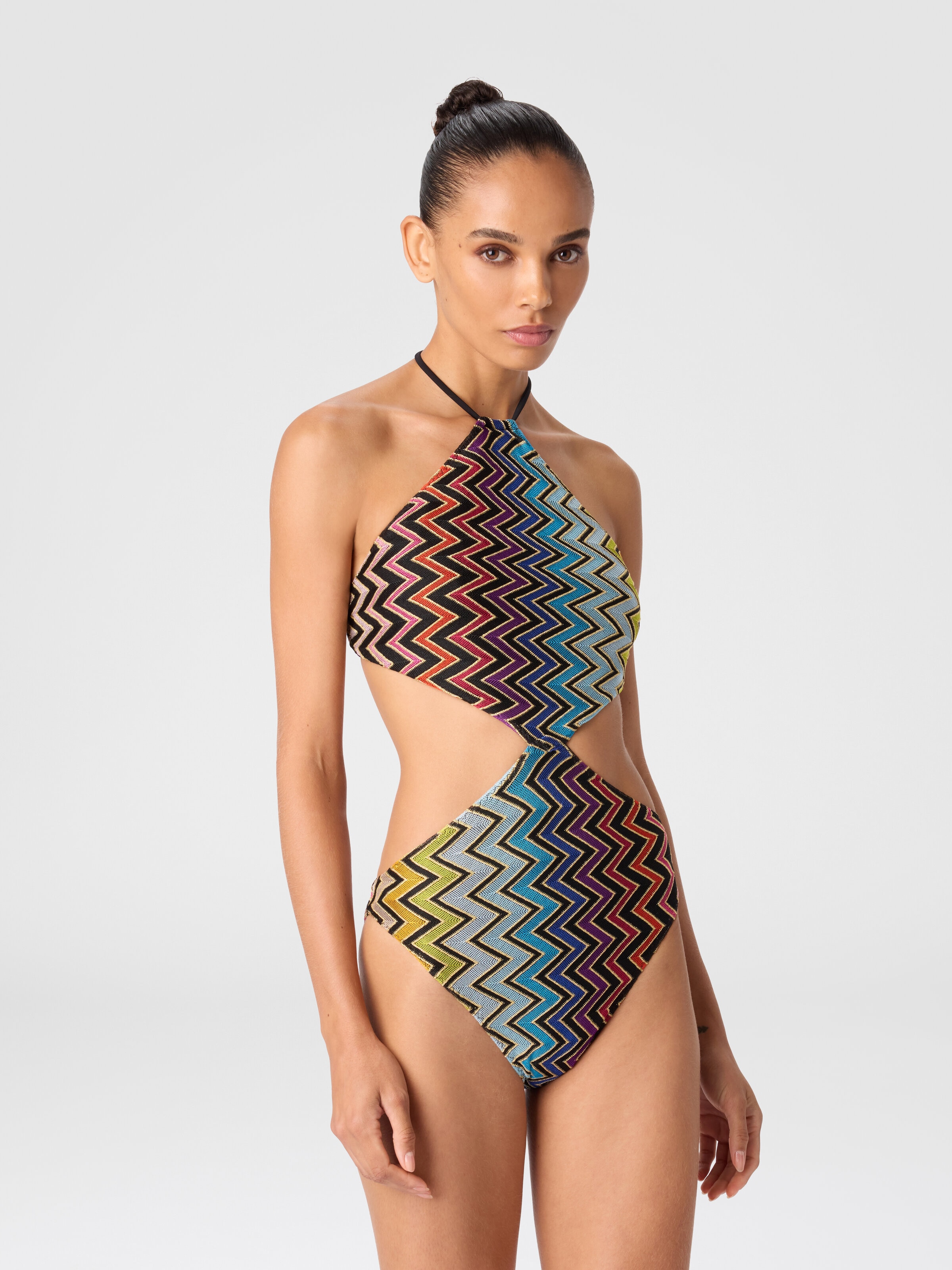 Geometric one-piece swimsuit with neck tie, Multicoloured  - 1