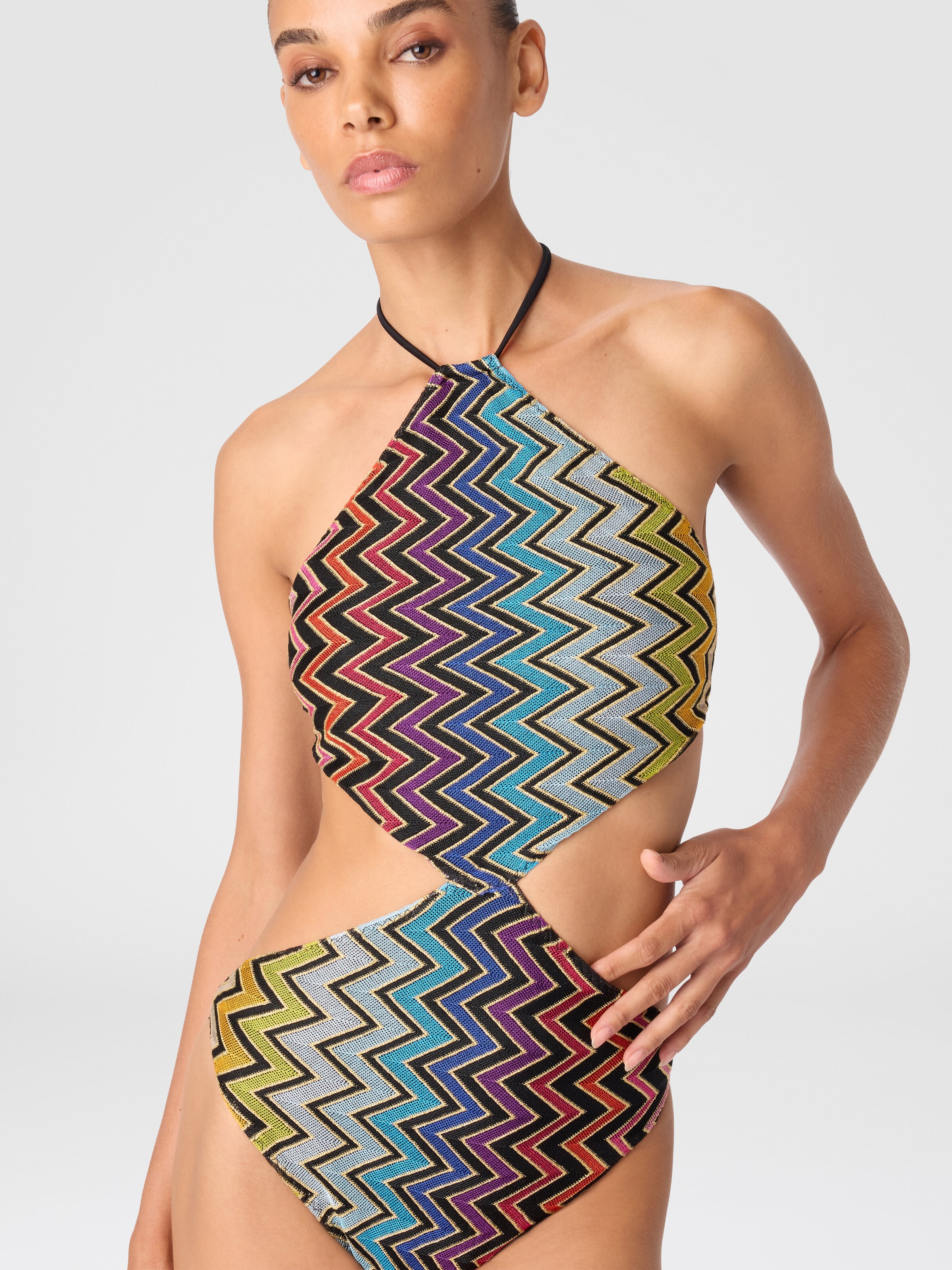 Geometric one-piece swimsuit with neck tie, Multicoloured  - 4