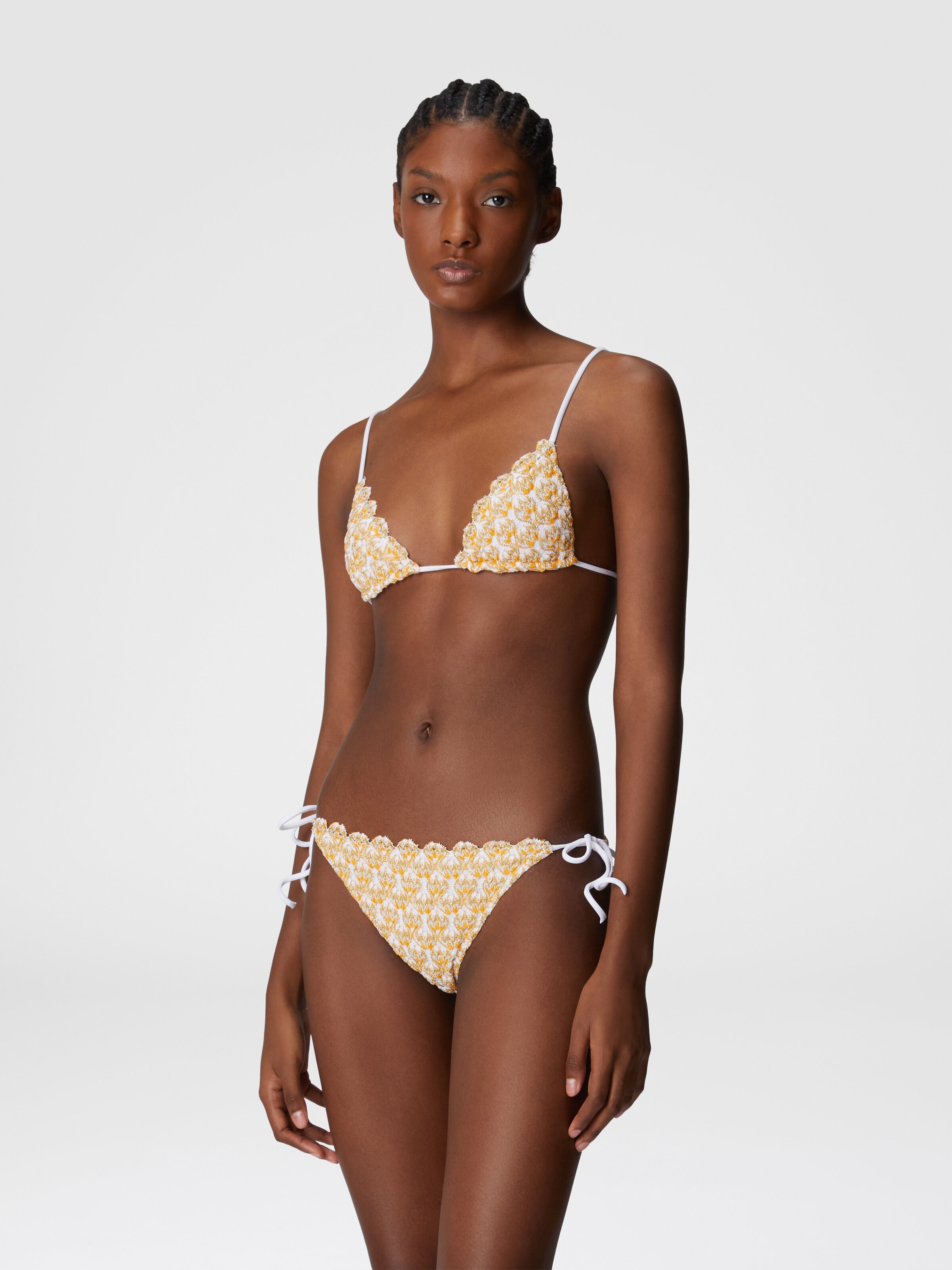 Lace triangle bikini with lamé, Beige - 1
