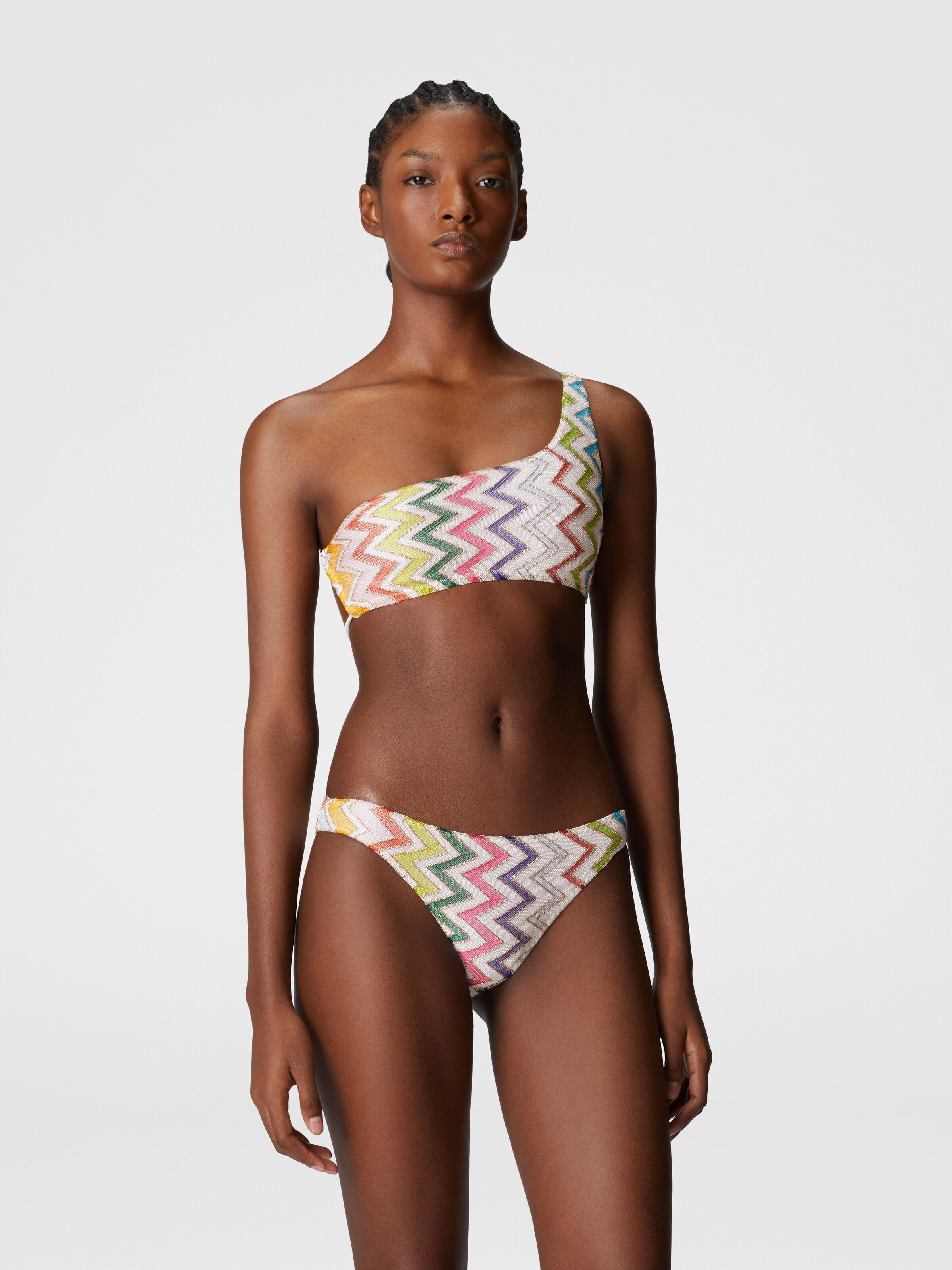 One-shoulder bikini with double ties, Multicoloured  - 1