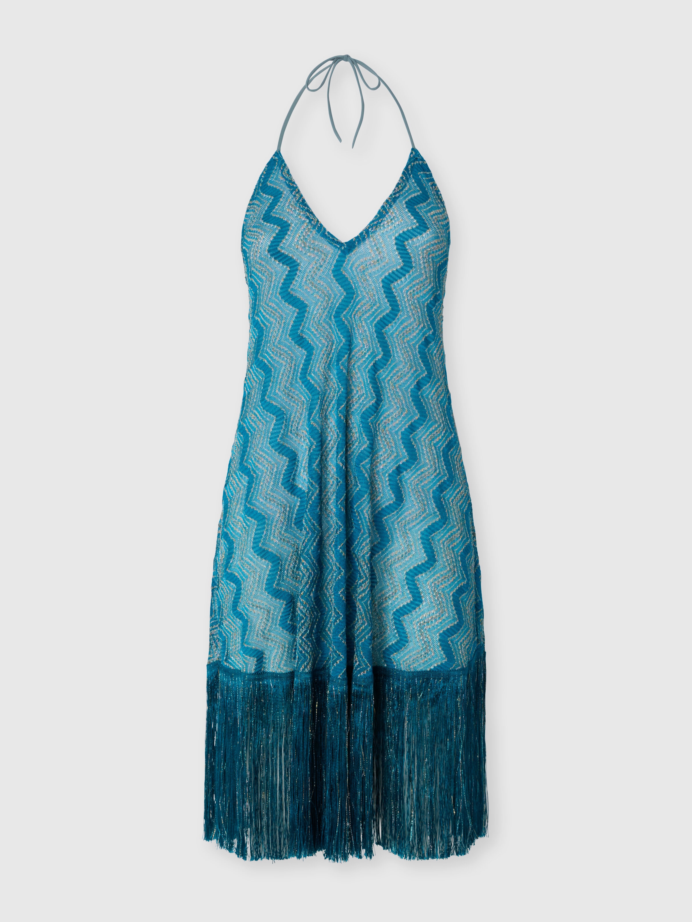 Cover-up dress in zig zag lamé viscose with fringes, Green - 0