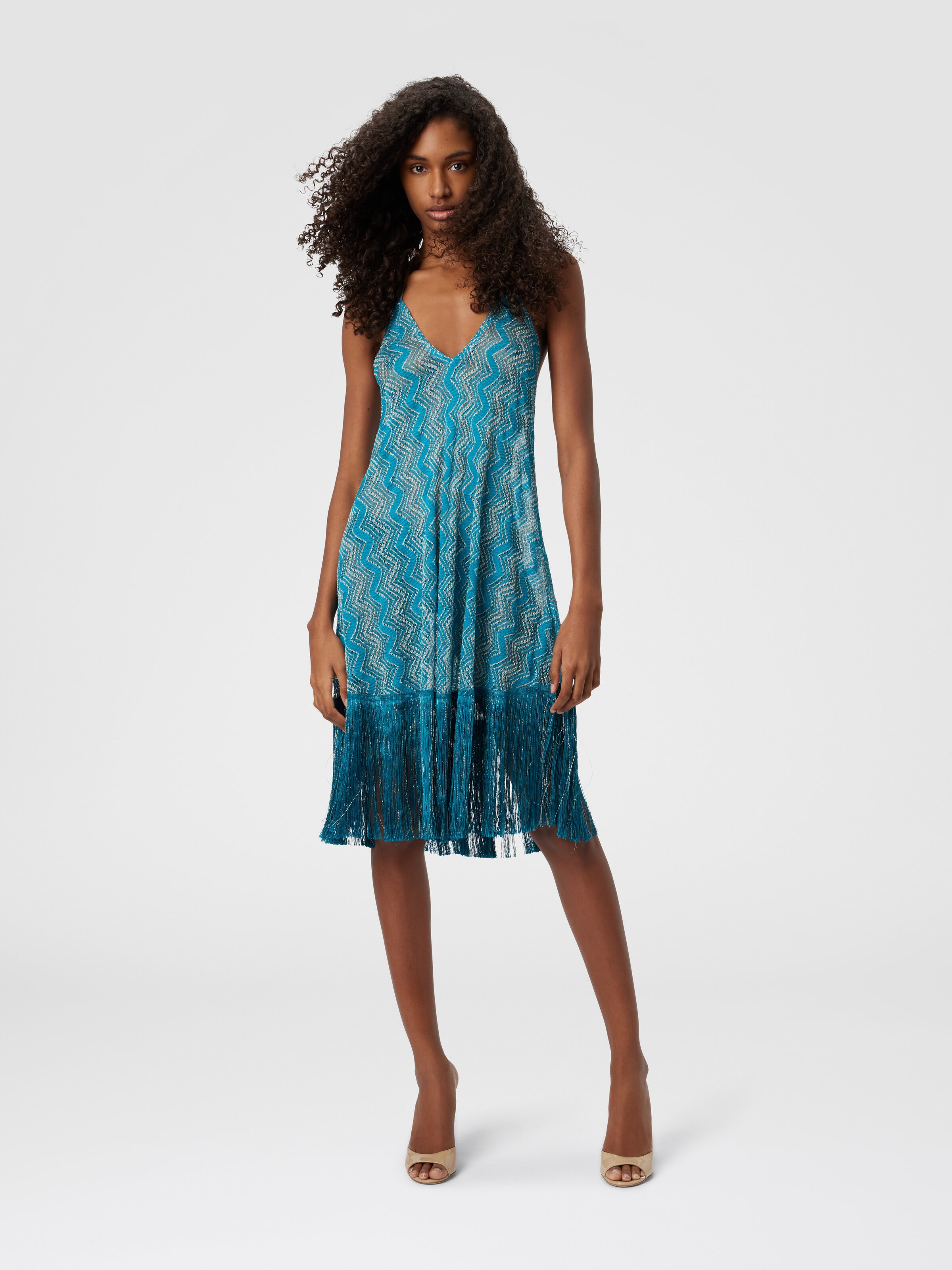 Cover-up dress in zig zag lamé viscose with fringes, Green - 1