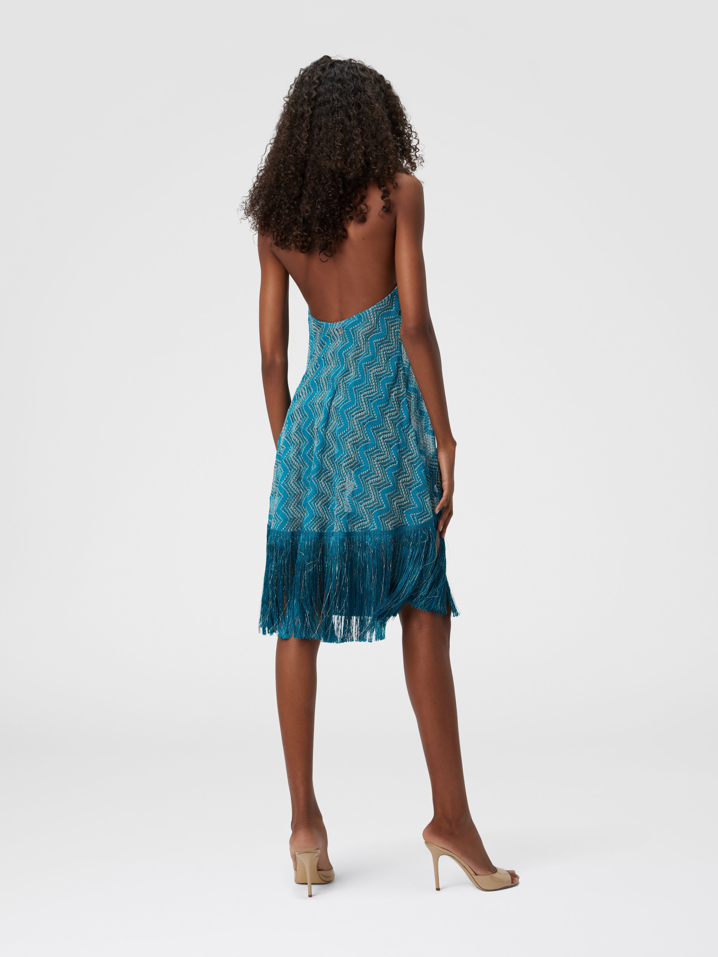 Cover-up dress in zig zag lamé viscose with fringes, Green - 2