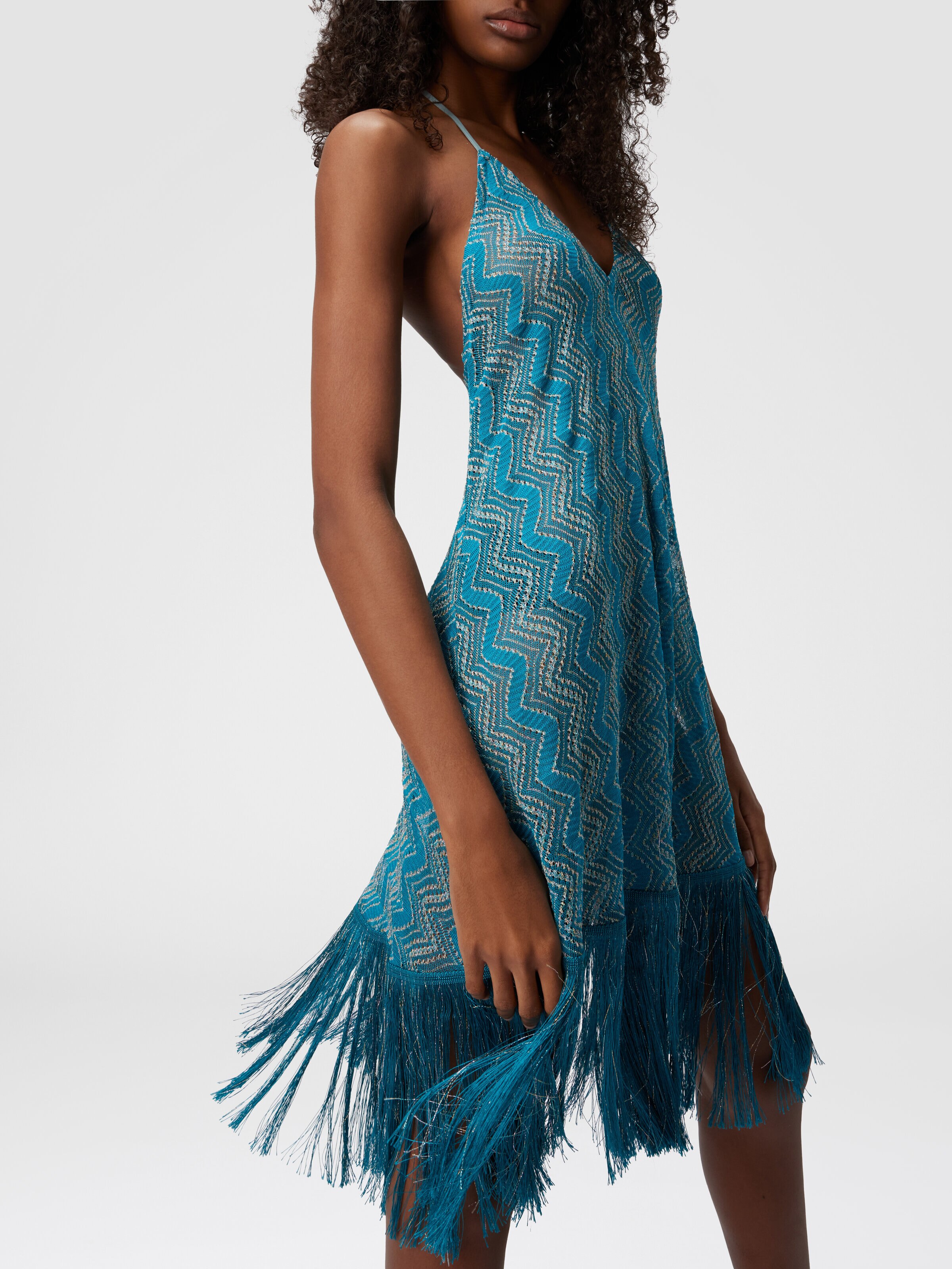 Cover-up dress in zig zag lamé viscose with fringes, Green - 4