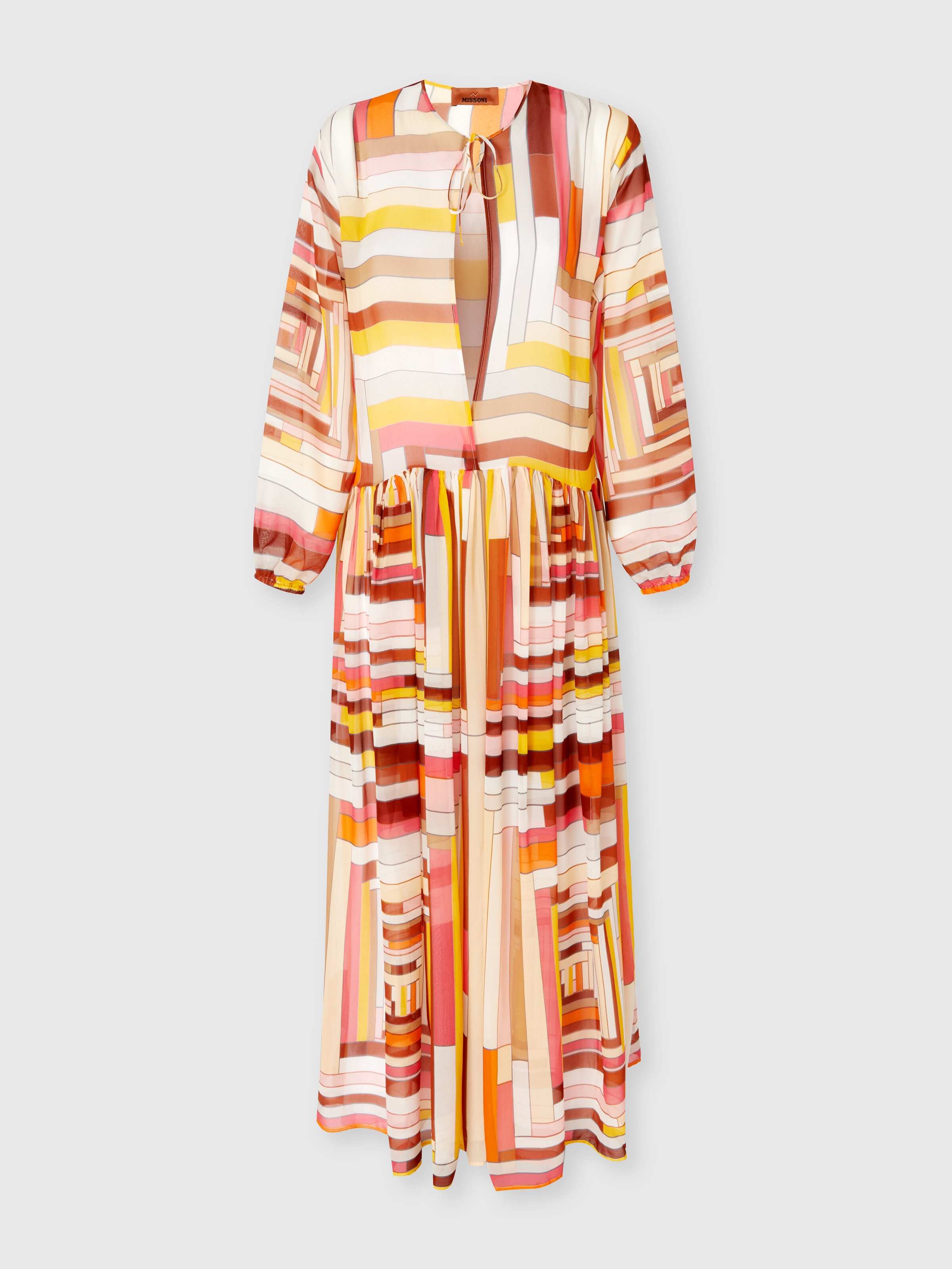 Robe longue couvrante en soie imprimée à manches longues, Multicolore  - 0