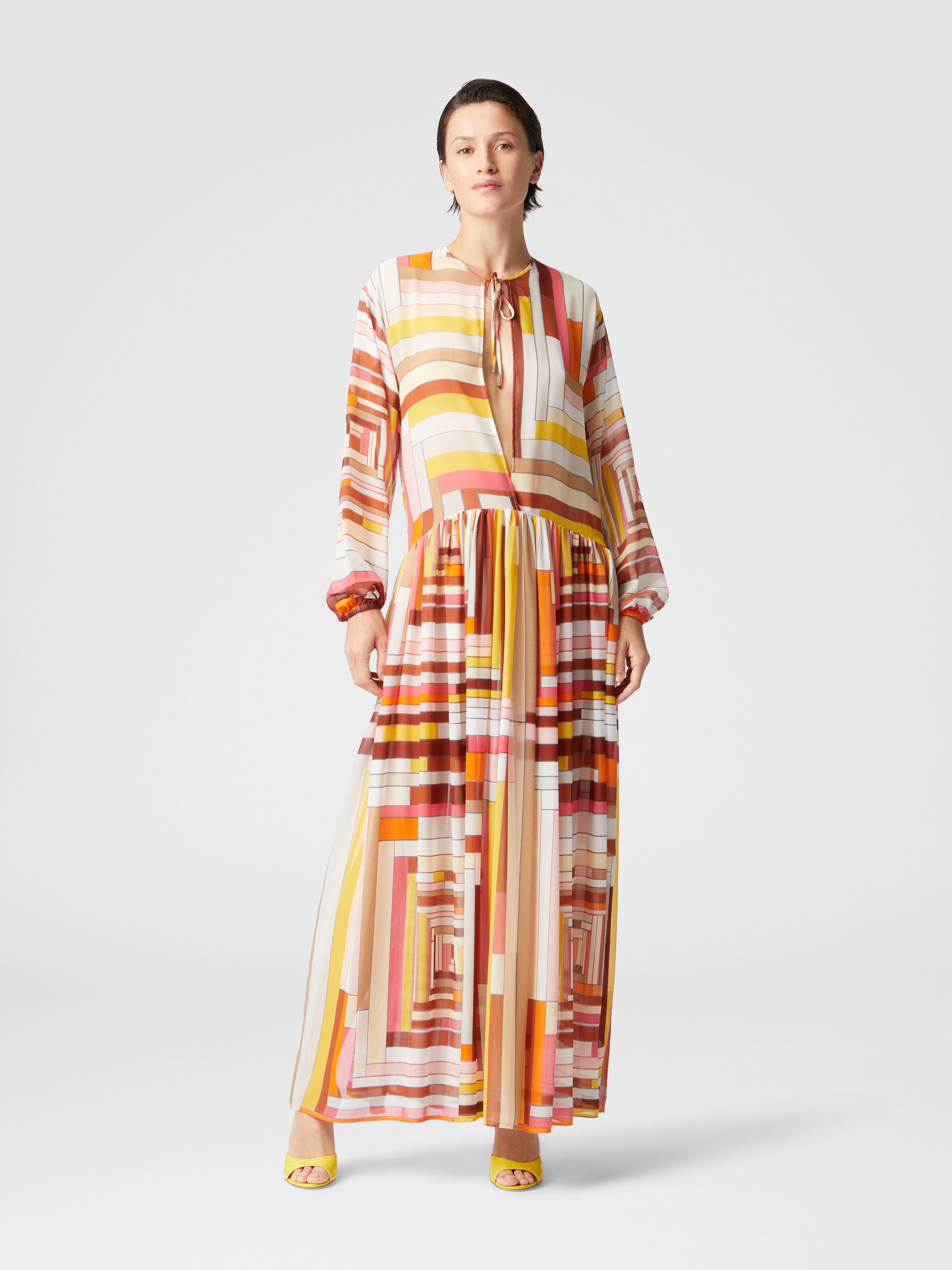 Robe longue couvrante en soie imprimée à manches longues, Multicolore  - 1