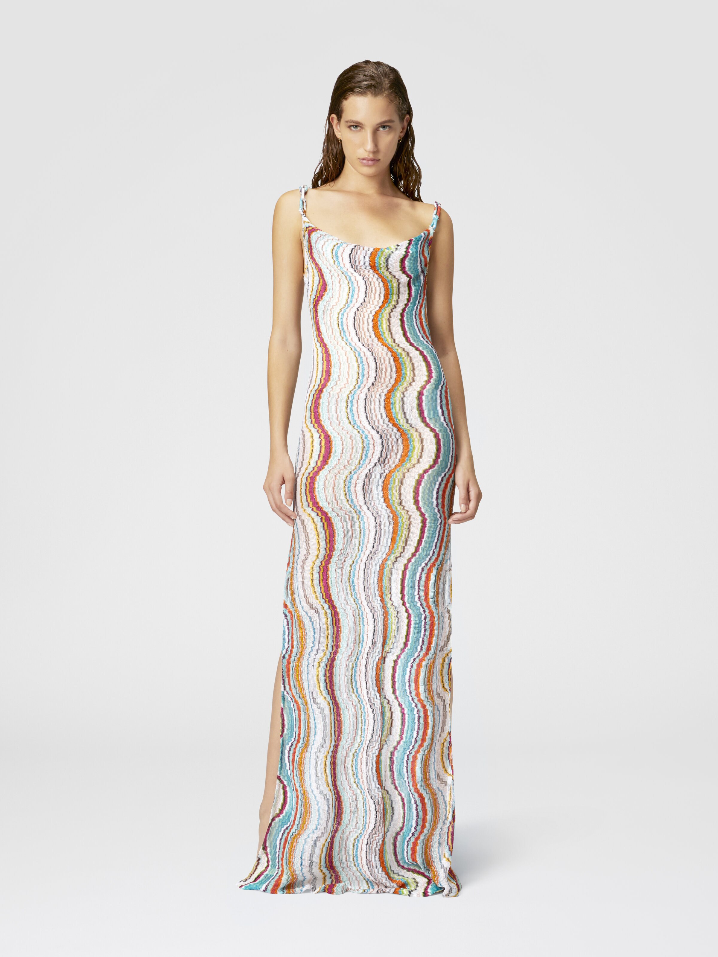 Long cover-up dress with lamé wave motif, Multicoloured  - 1