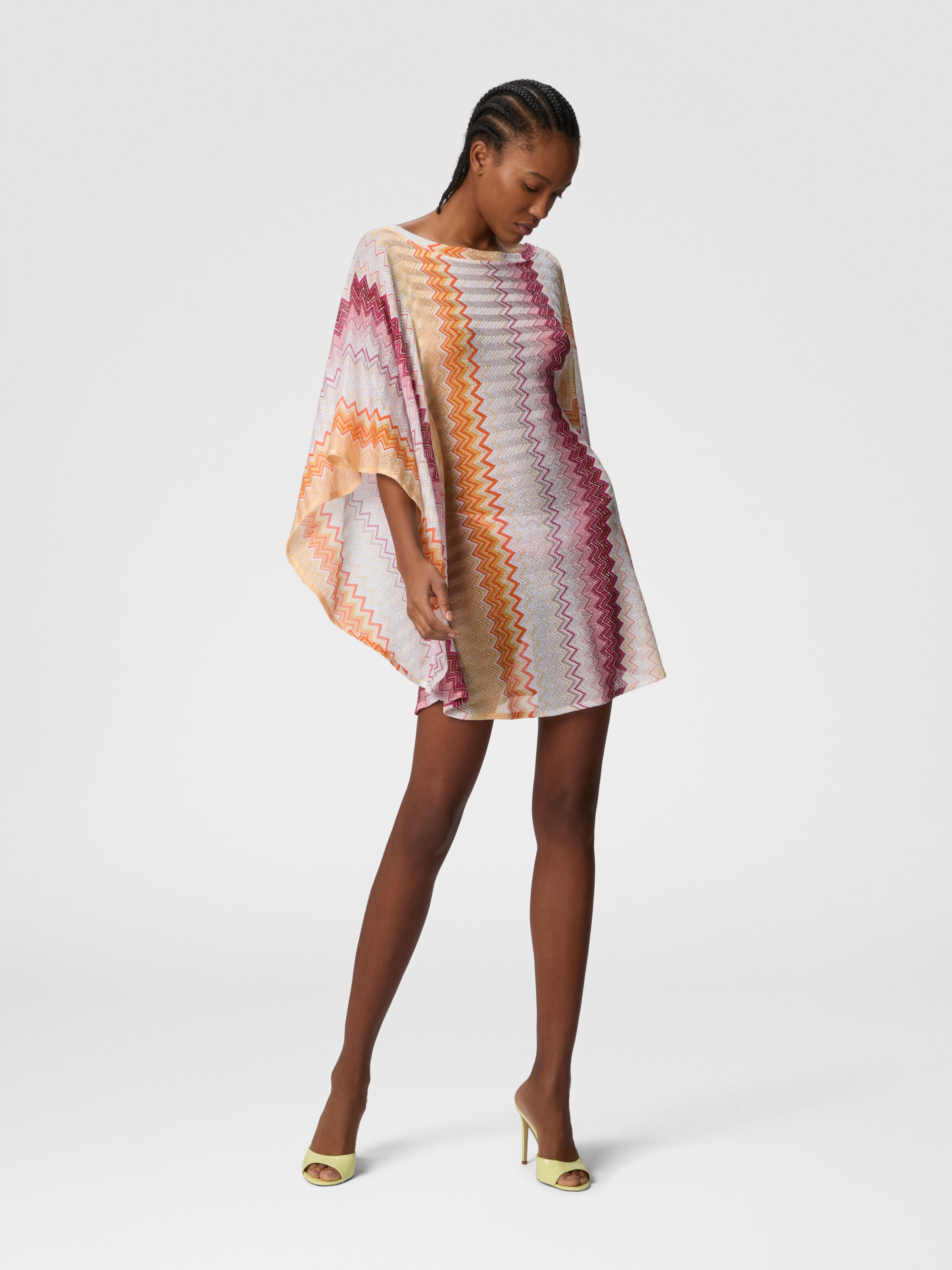 Short kaftan in zig zag lamé viscose blend with batwing sleeves, Multicoloured  - 1