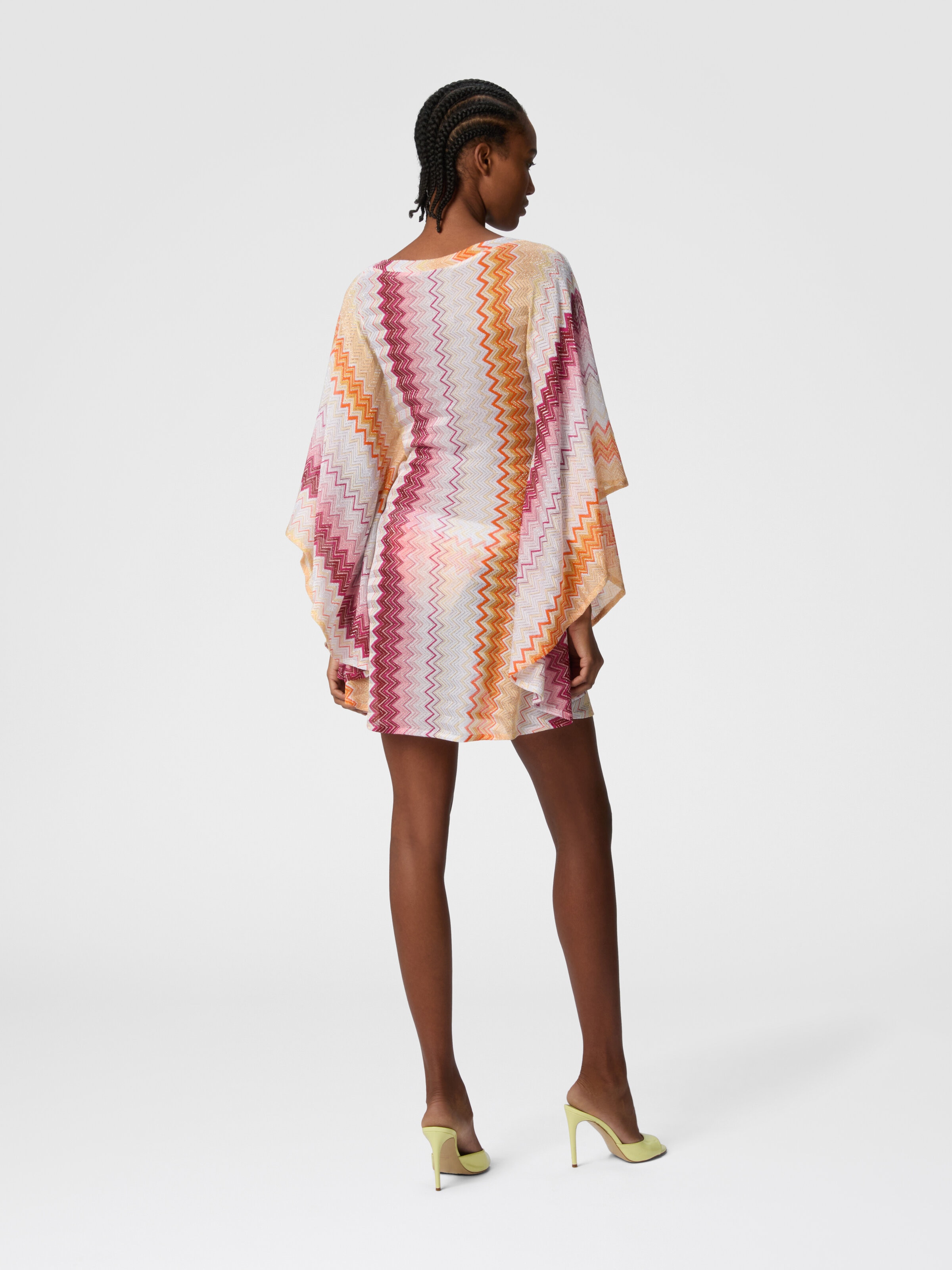 Short kaftan in zig zag lamé viscose blend with batwing sleeves, Multicoloured  - 2