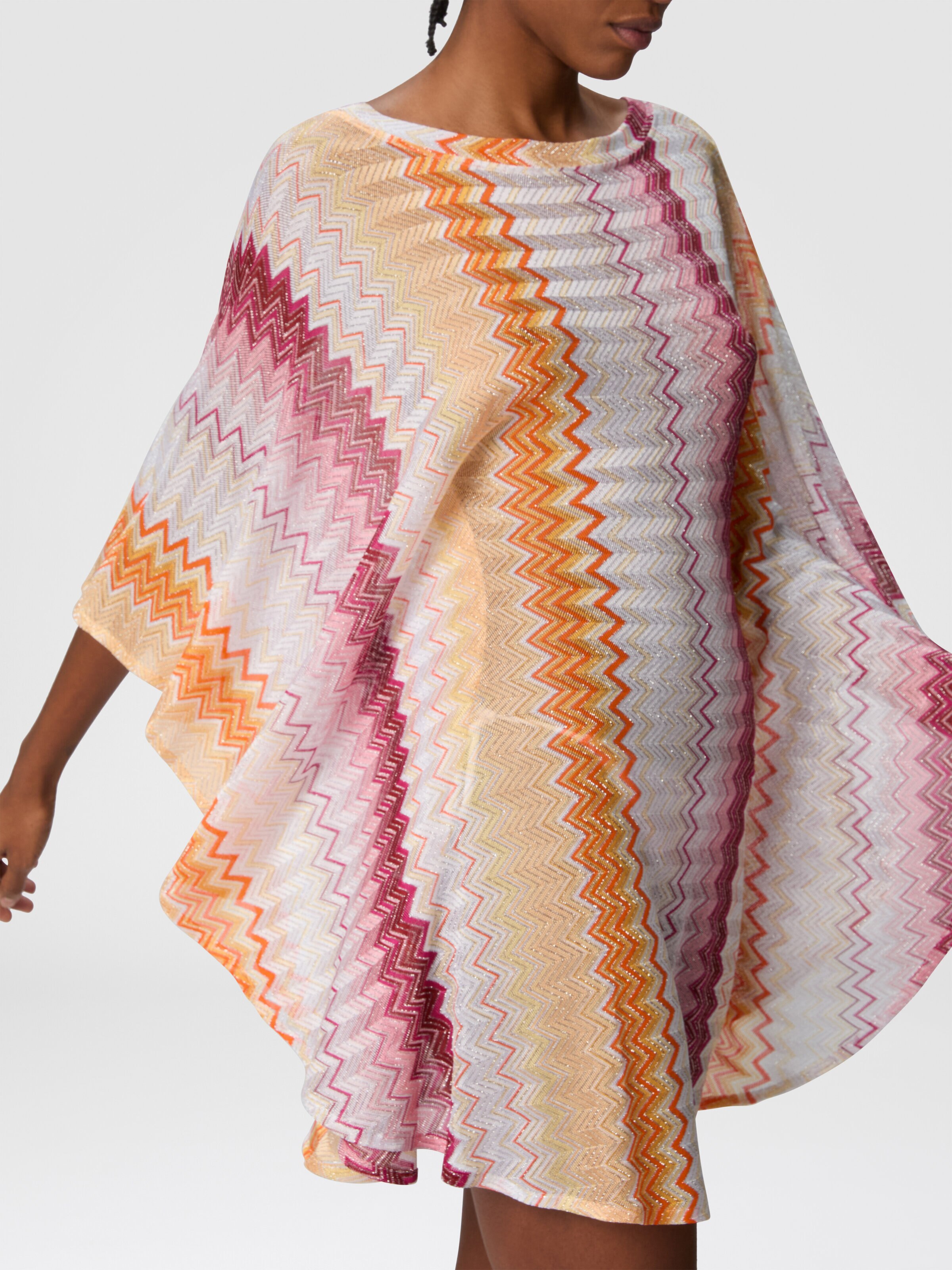 Short kaftan in zig zag lamé viscose blend with batwing sleeves, Multicoloured  - 3