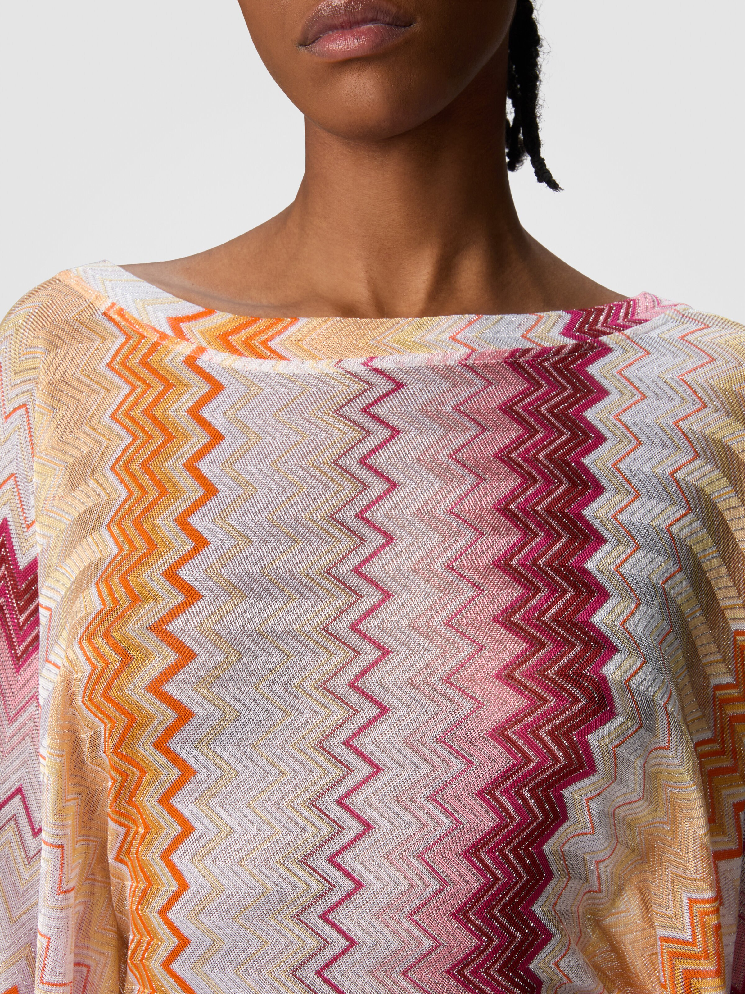 Short kaftan in zig zag lamé viscose blend with batwing sleeves, Multicoloured  - 4